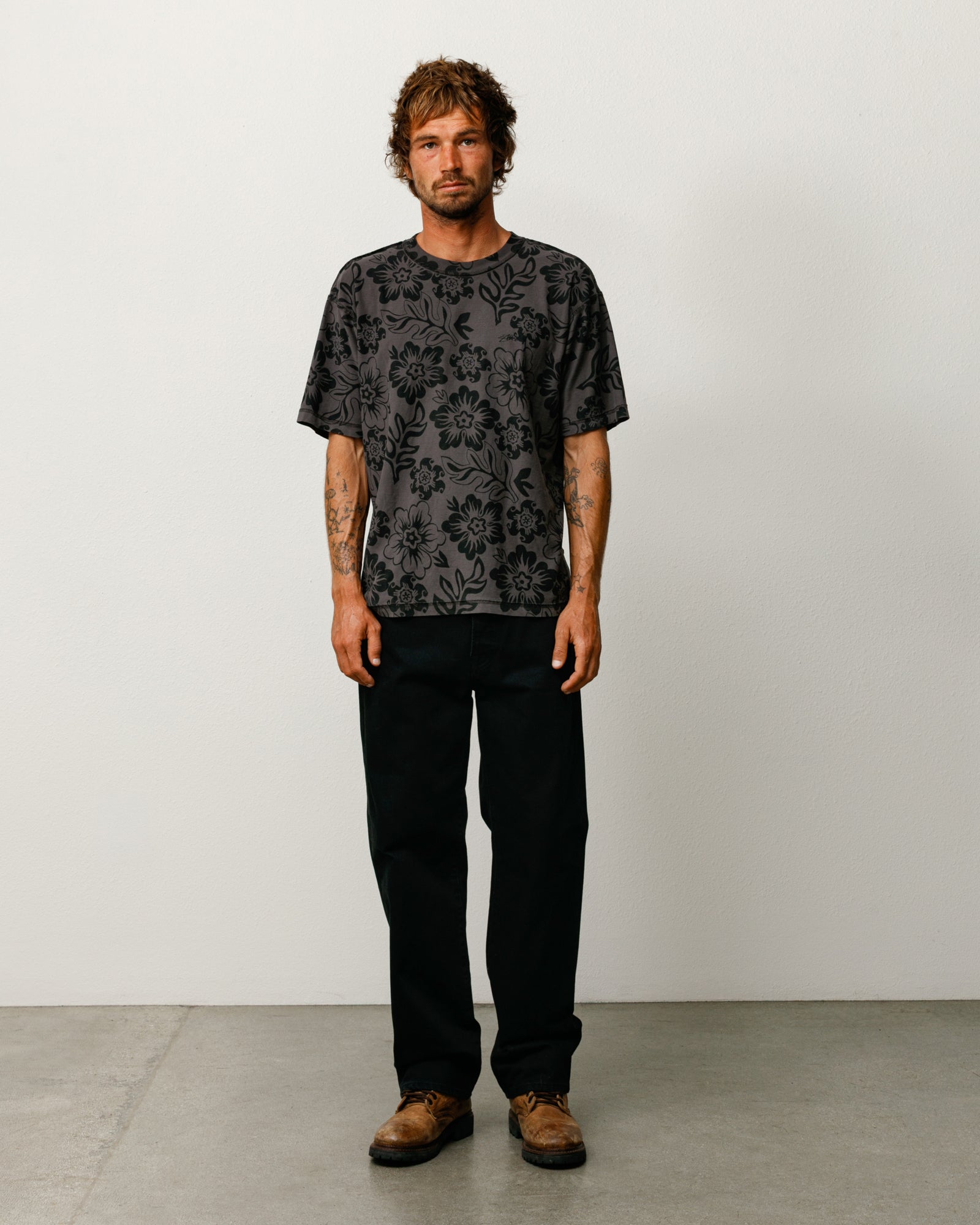 Lazy Ss Tee Floral Print Unisex Short Sleeve In Vintage Black