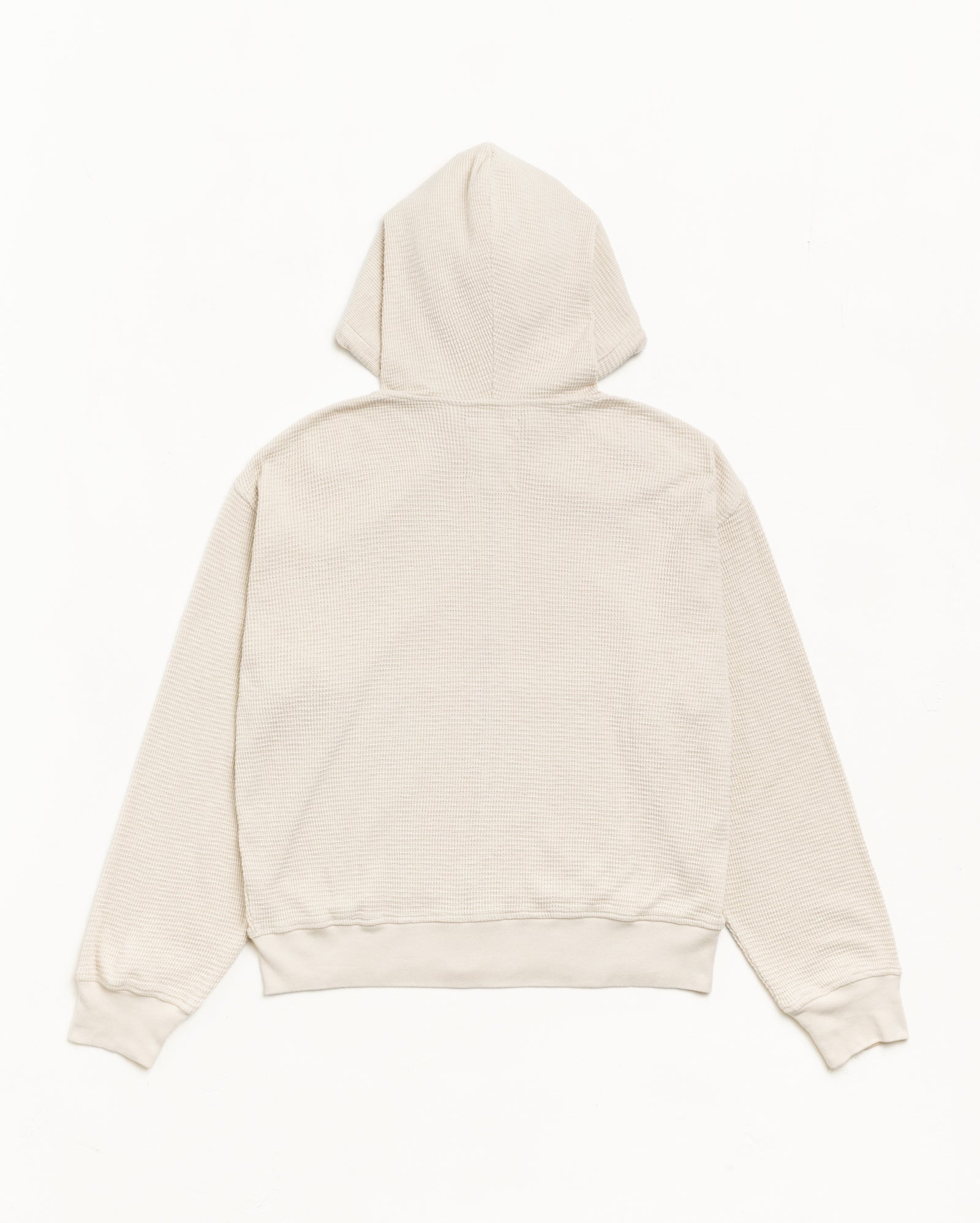 Bone lightweight thermal hoodie in waffle knit with ribbed hem and cuffs, back flat view