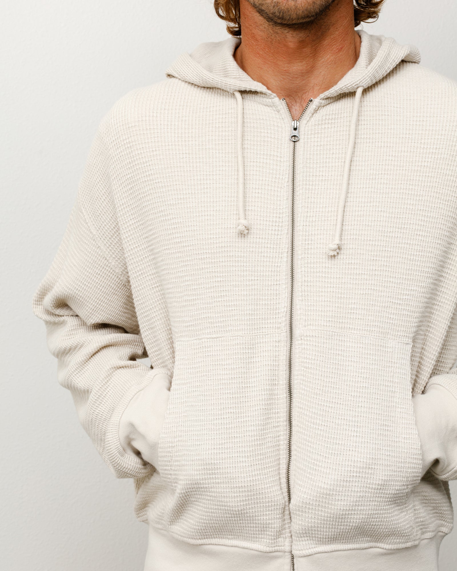 Lightweight Thermal Zip Hoodie Unisex Long Sleeve In Bone, Waffle Knit With Drawcords