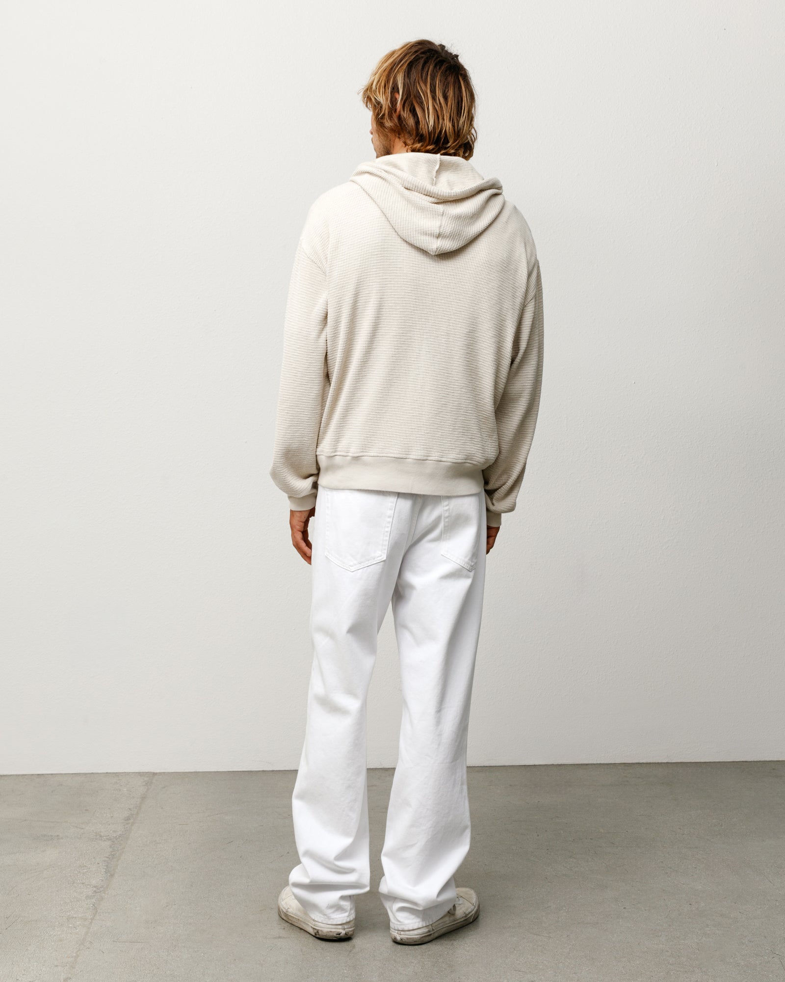 Lightweight Thermal Hoodie In Bone, Unisex Long Sleeve Back View With Waffle Knit And Ribbed Hem