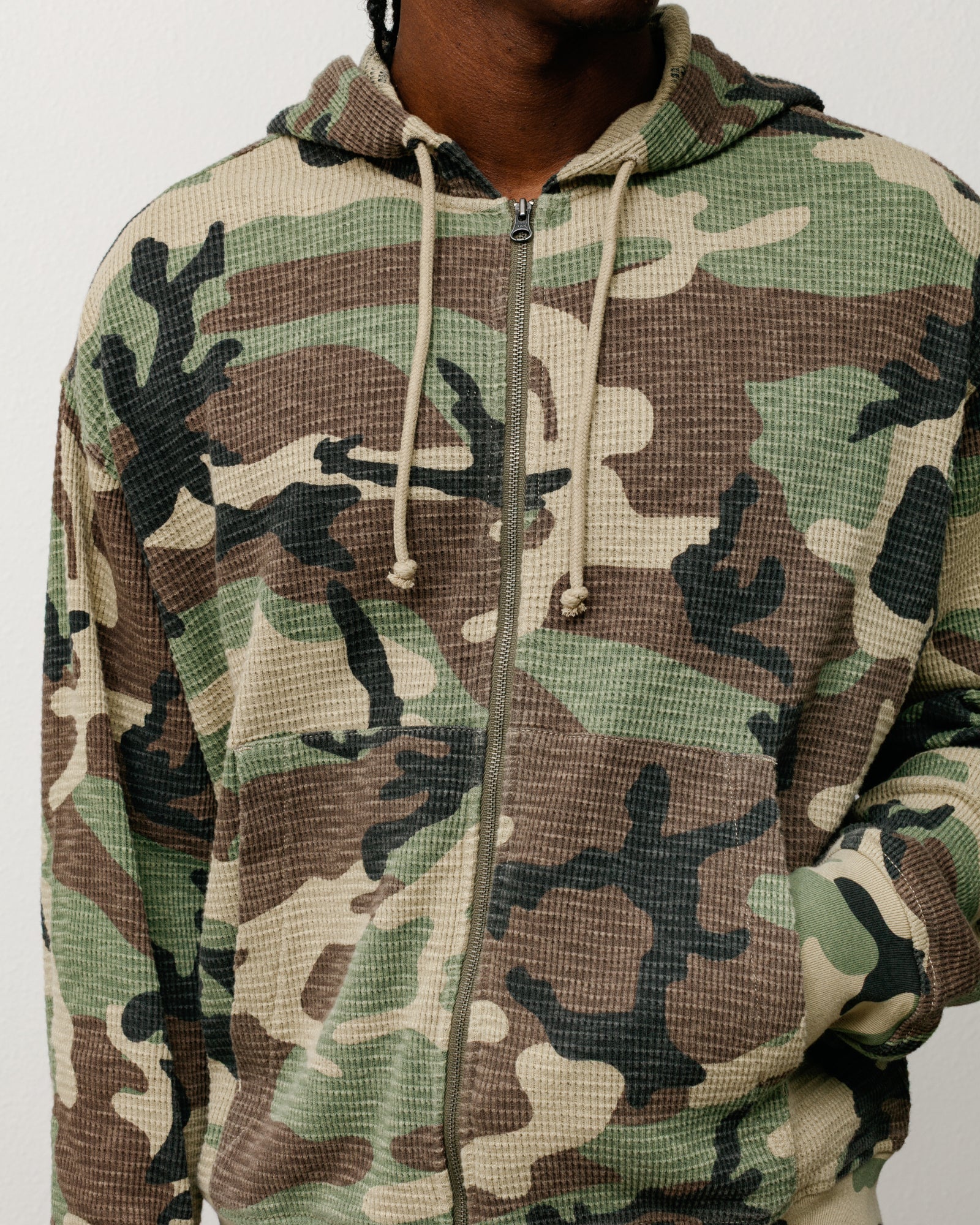 Lightweight Thermal Zip Hoodie Unisex Long Sleeve In Camo, Cotton Waffle Knit With Drawcord
