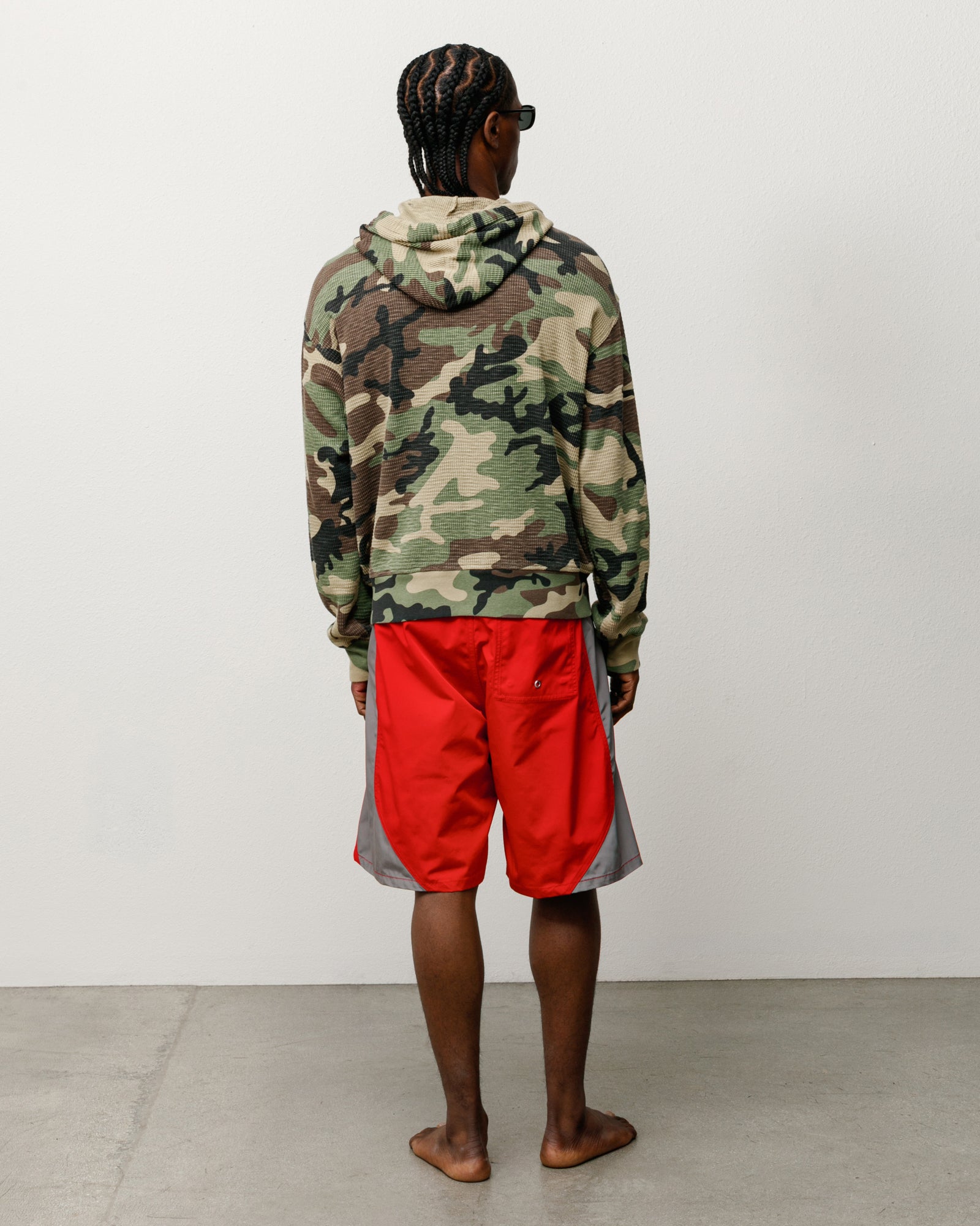Lightweight Thermal Hoodie Waffle-Knit Long Sleeve In Camo, Model Back View
