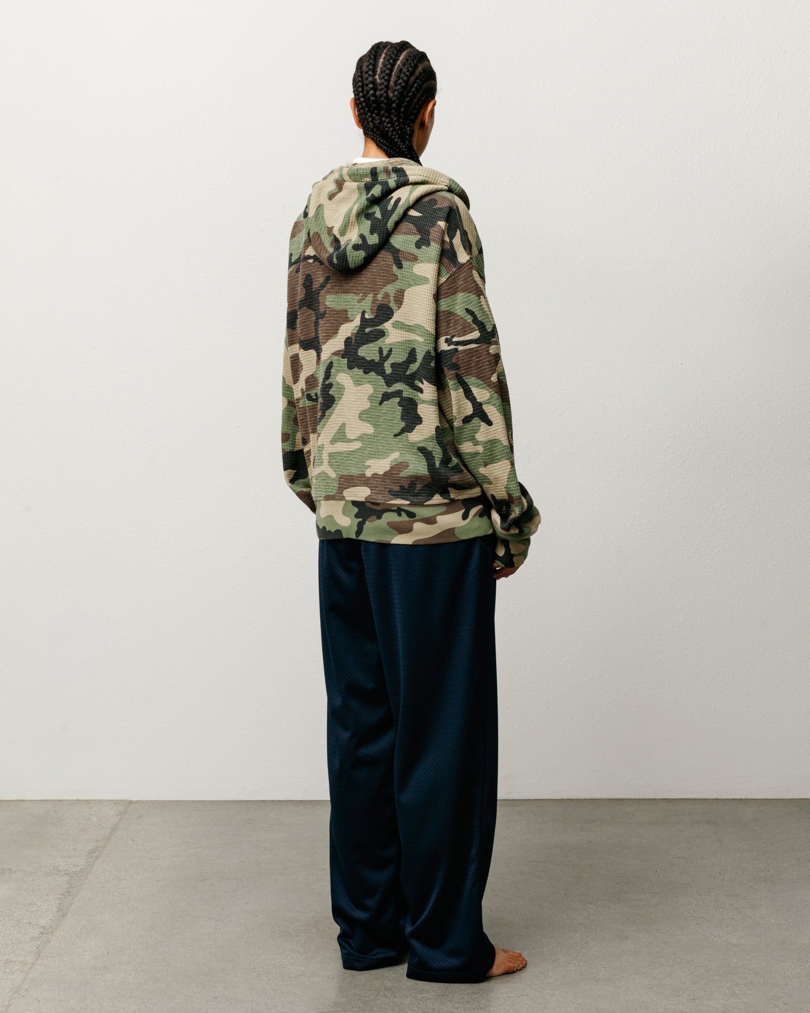 Lightweight Thermal Hoodie Unisex Long Sleeve In Camo, Rear View On Model