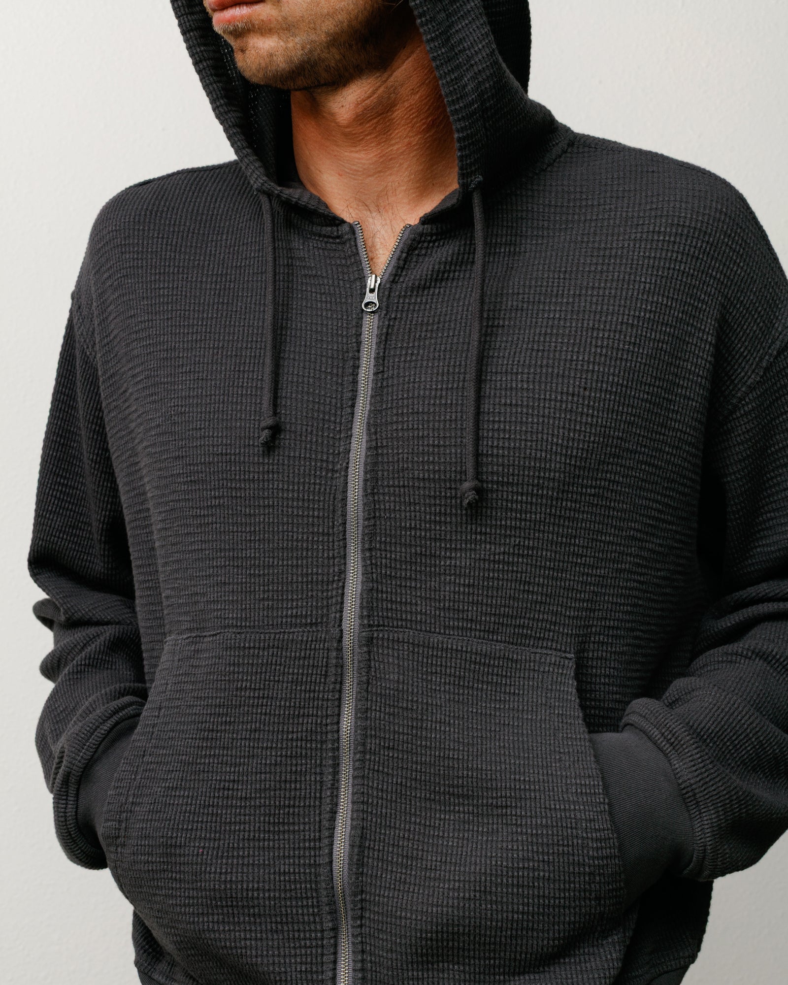 Lightweight Waffle-Knit Thermal Hoodie Unisex Zip-Through Long Sleeve In Faded Black