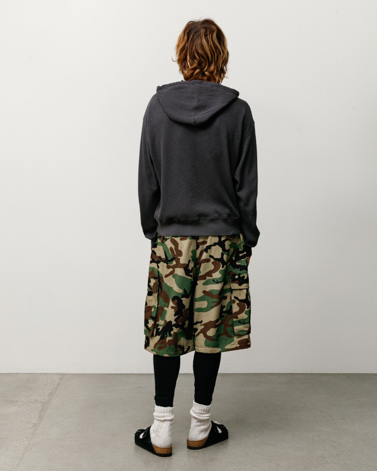 Lightweight Thermal Hoodie Unisex Long Sleeve In Faded Black, Back View