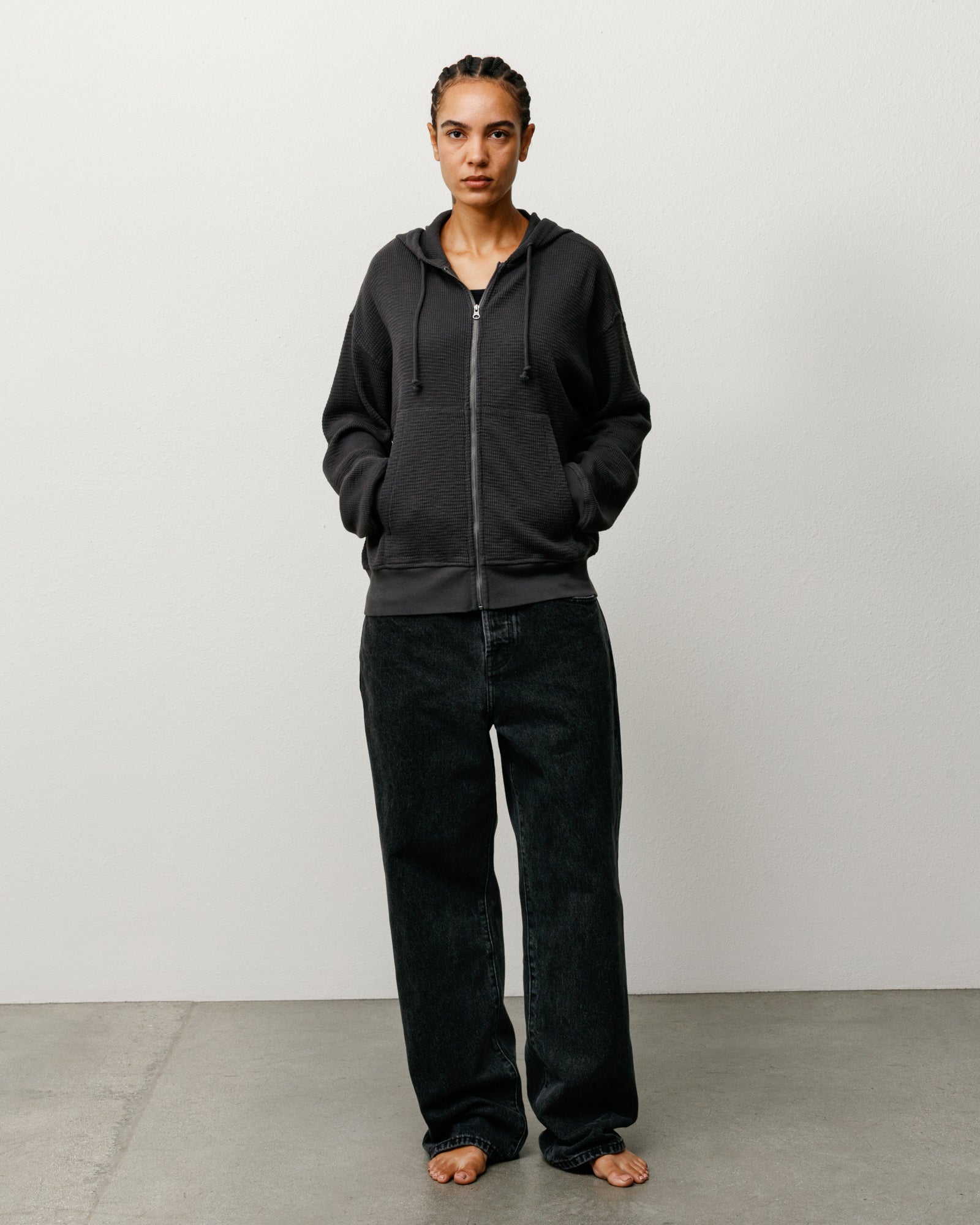 Lightweight Thermal Zip Hoodie Unisex Waffle Knit Long Sleeve In Faded Black On Model