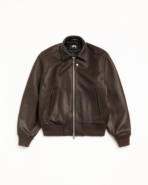 Leather Flight Jacket Mens Long Sleeve In Dark Brown
