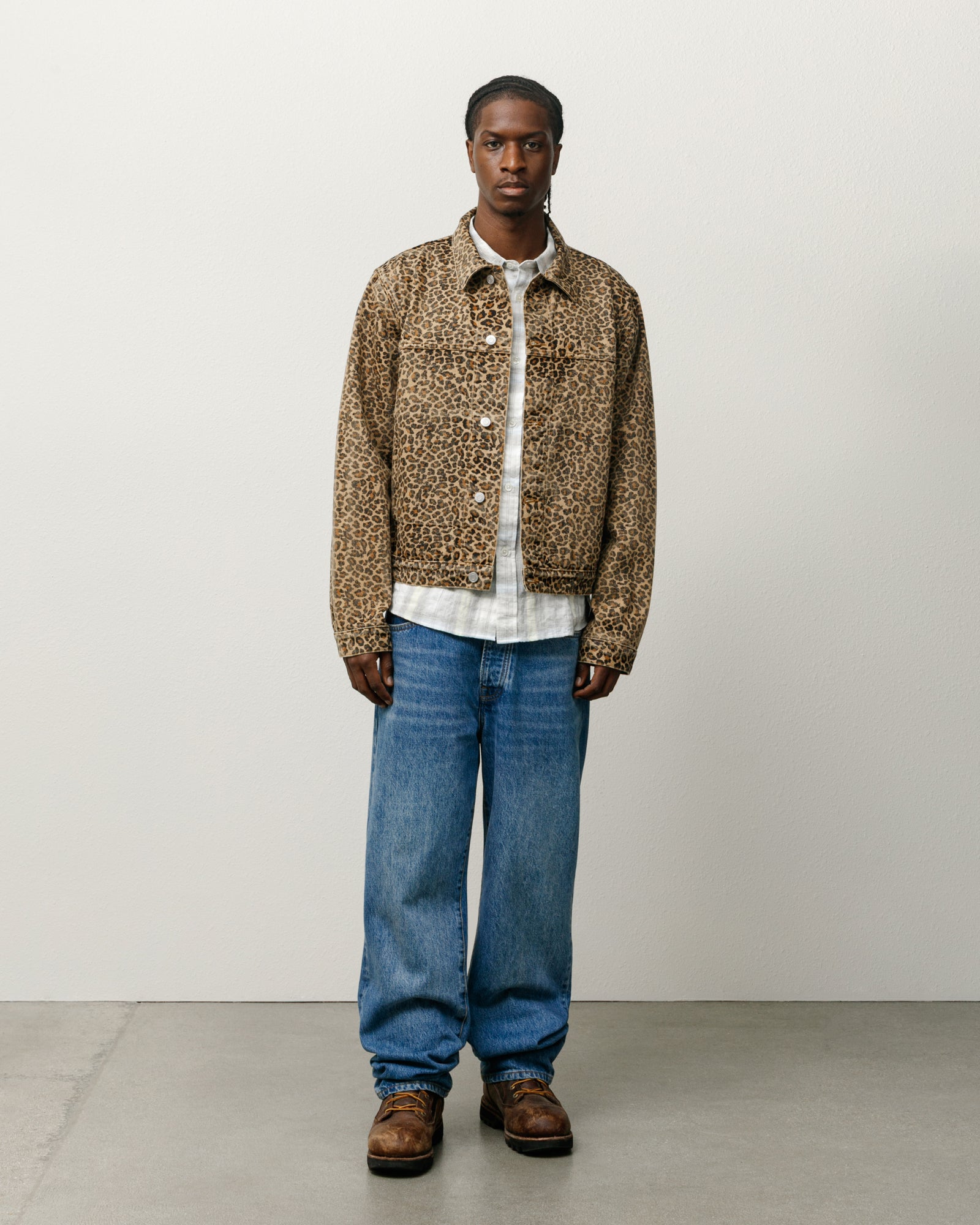 Trucker Denim Vintage Wash Mens Long Sleeve In Leopard