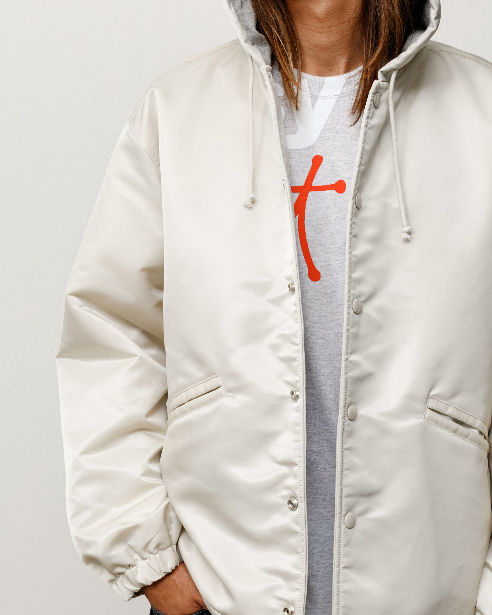 Hooded Coaches Jacket Unisex Long Sleeve In Bone