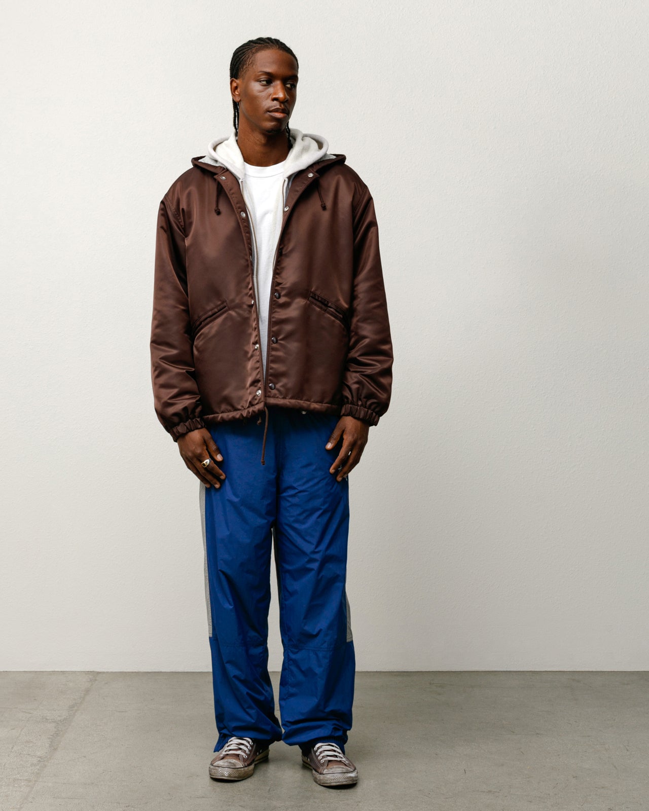 Hooded Coaches Jacket Mens Long Sleeve In Brown