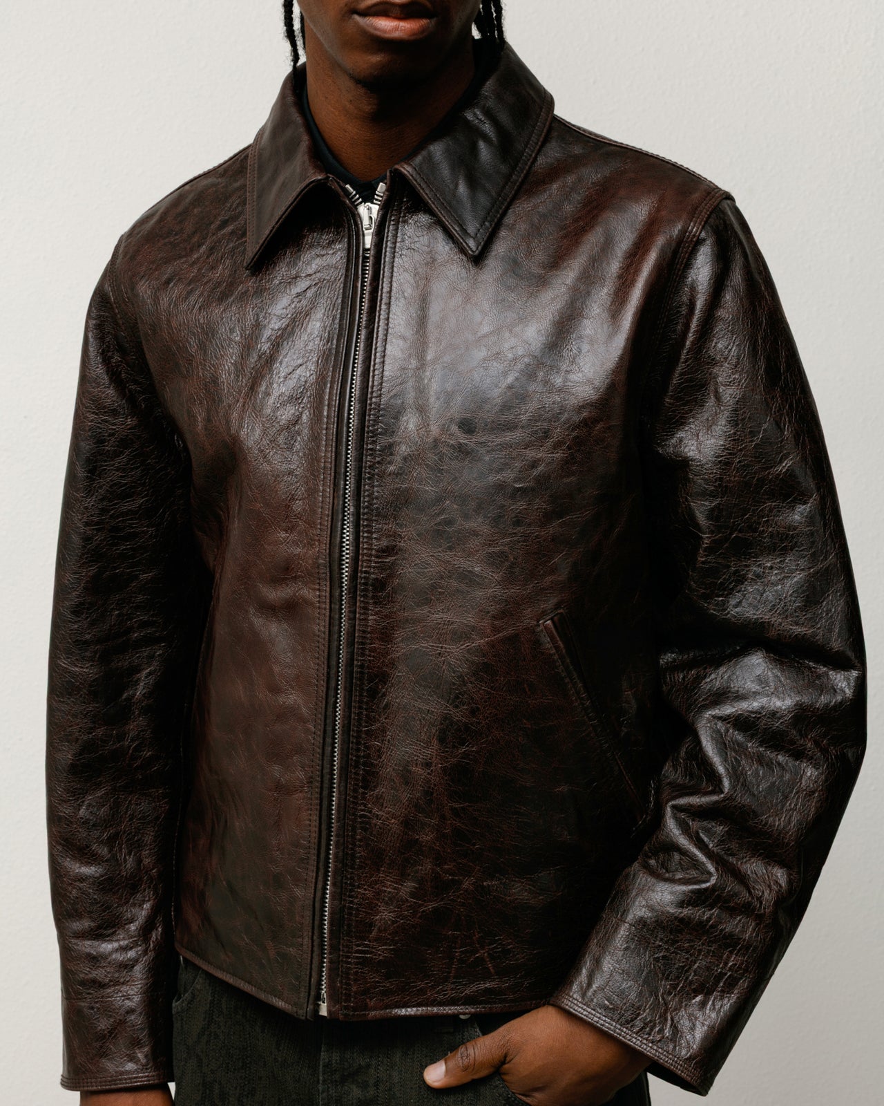 Garage Jacket Leather Mens Long Sleeve In Dark Brown