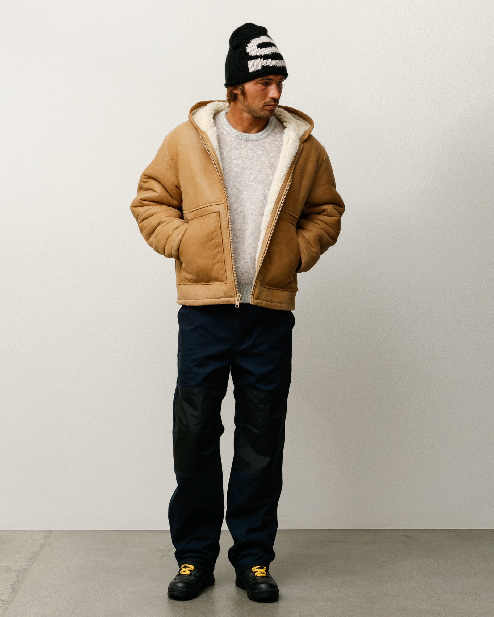Shearling Hooded Jacket Mens Long Sleeve In Tan