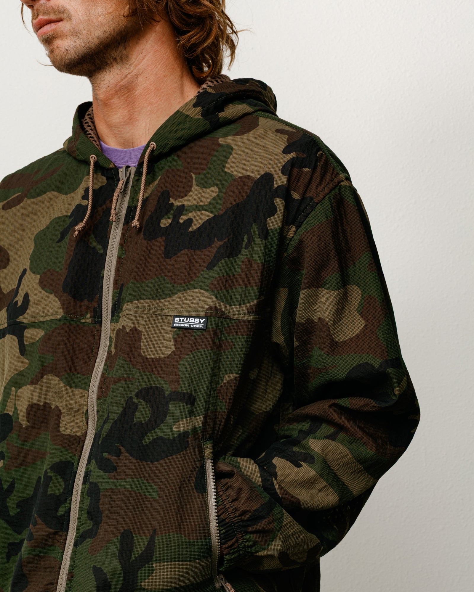 Layered Mesh Hooded Jacket Unisex Long Sleeve In Woodland Camo