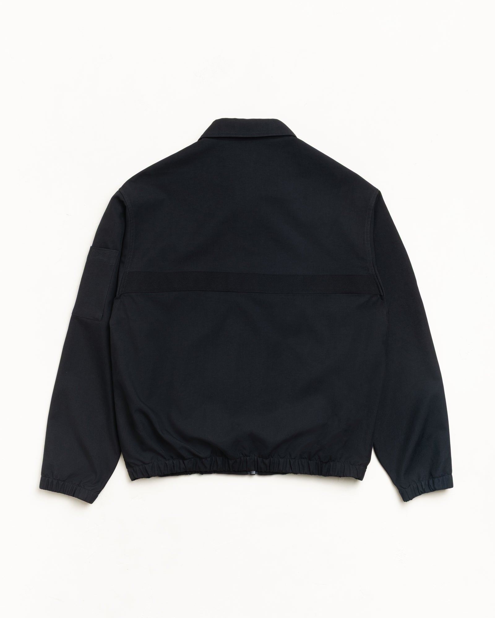 Mechanic Jacket Unisex Long Sleeve In Black Back View With Elasticated Hem, Cuffs And Webbing Detail