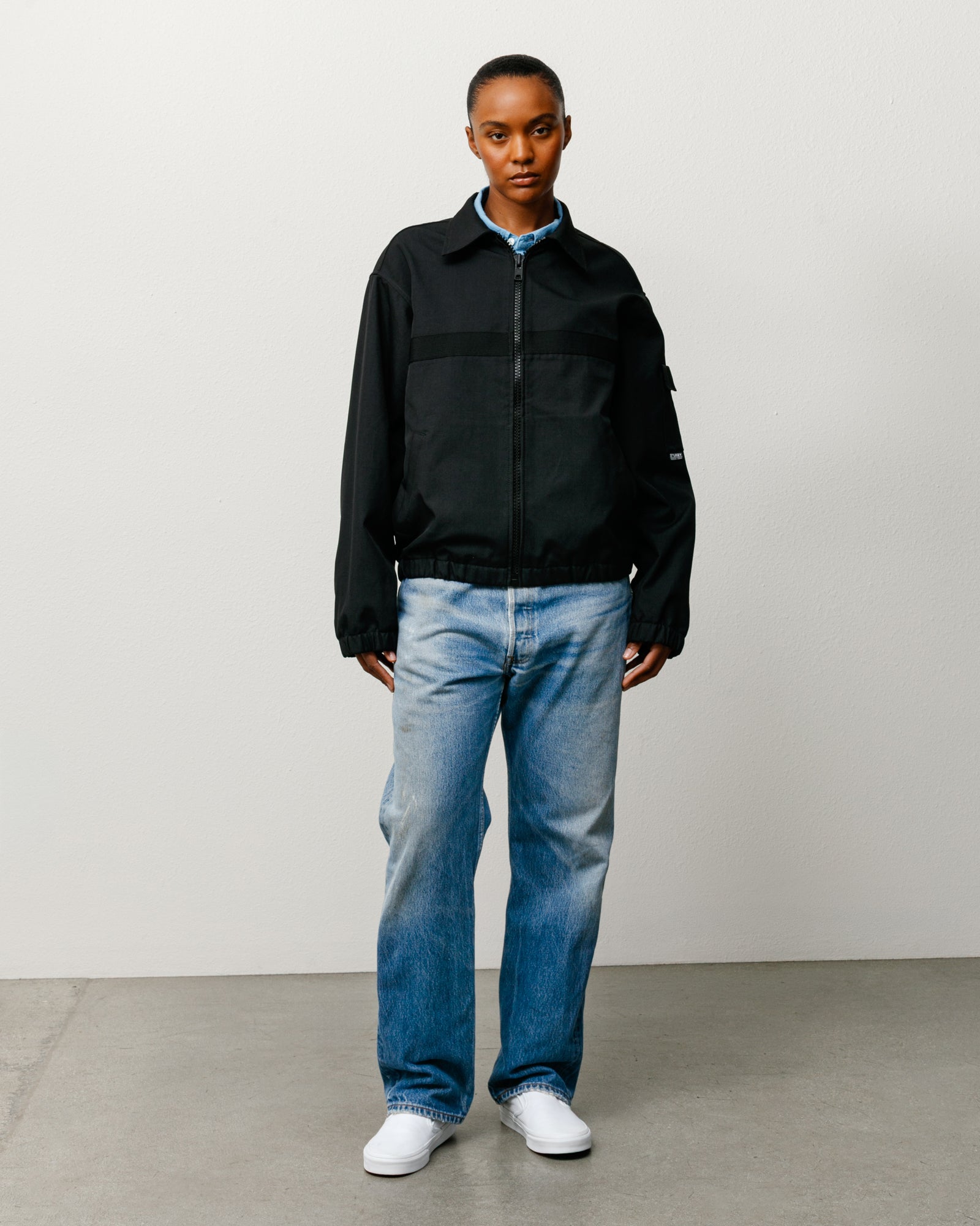 Mechanic Jacket Unisex Long Sleeve In Black With Zip Front, Boxy Fit, Elastic Cuffs And Welt Pockets