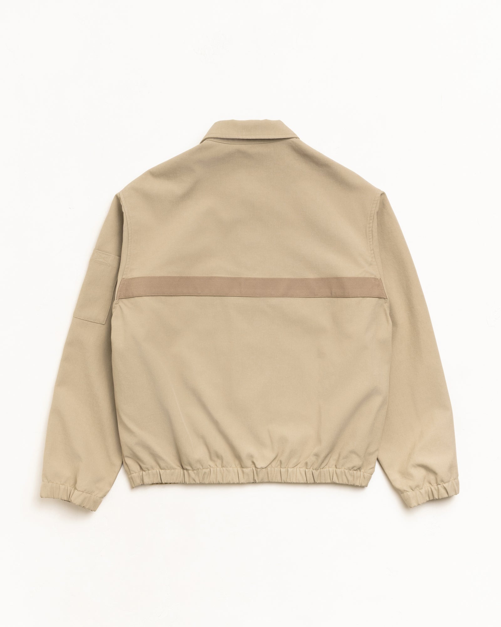 Khaki mechanic jacket, back view with tonal webbing strip and elasticated hem