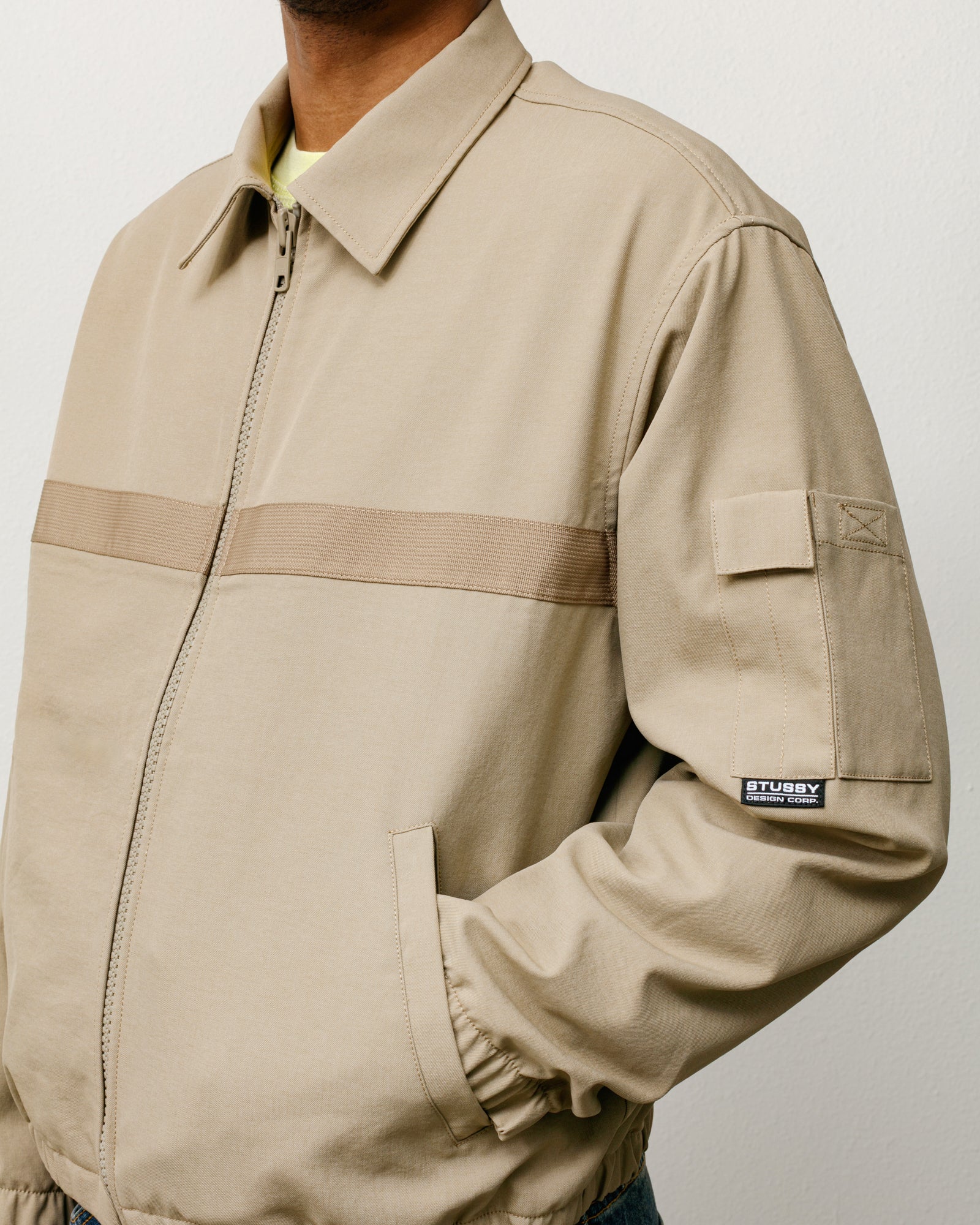 Mechanic Jacket Unisex Long Sleeve In Khaki With Zip Front, Webbing Stripe And Sleeve Patch Pocket