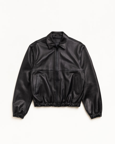 Black Leather Work Jacket Unisex Long Sleeve with Zip Front and Elastic Hem