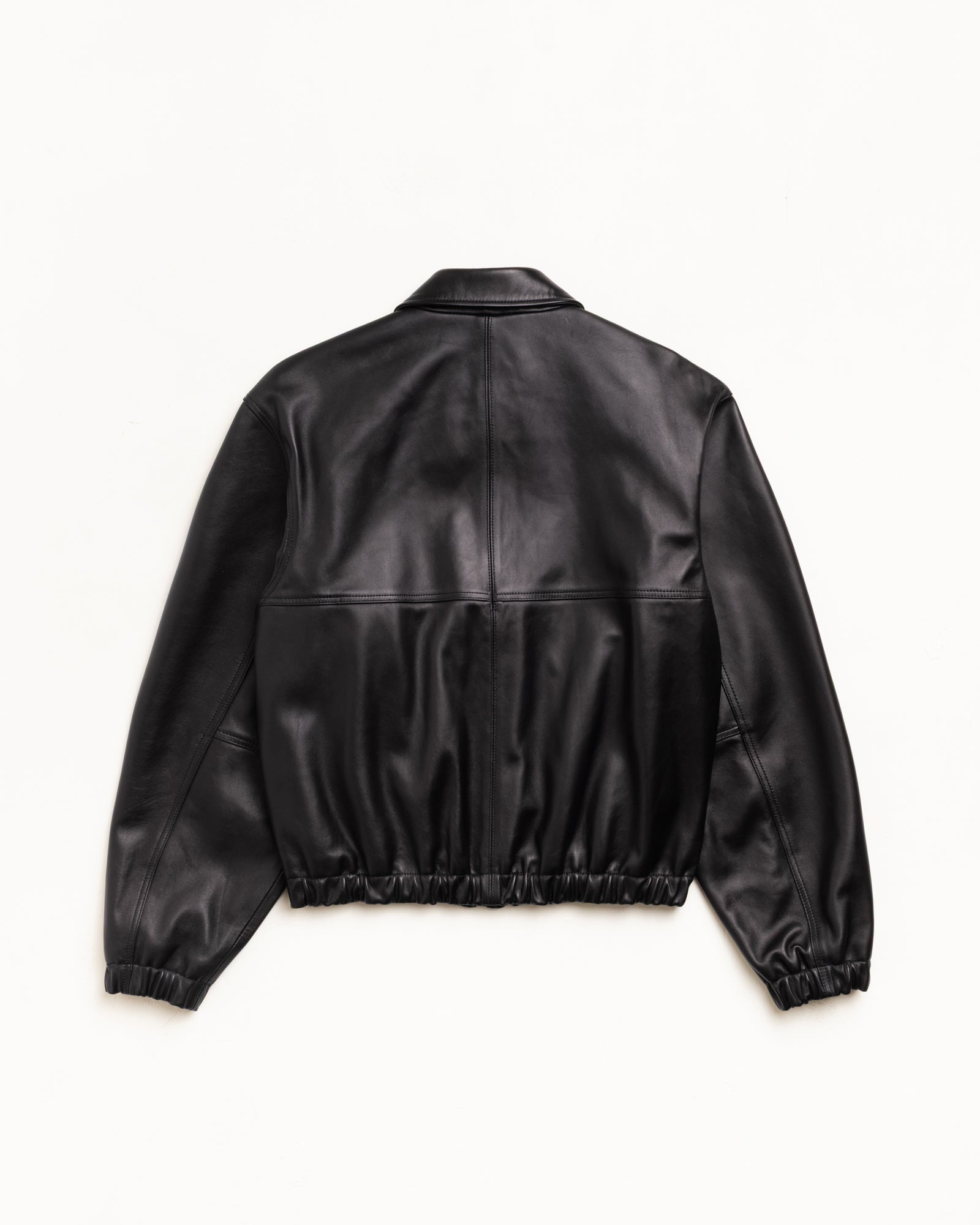 Leather Work Jacket Unisex Long Sleeve In Black, Back View With Elastic Hem And Cuffs