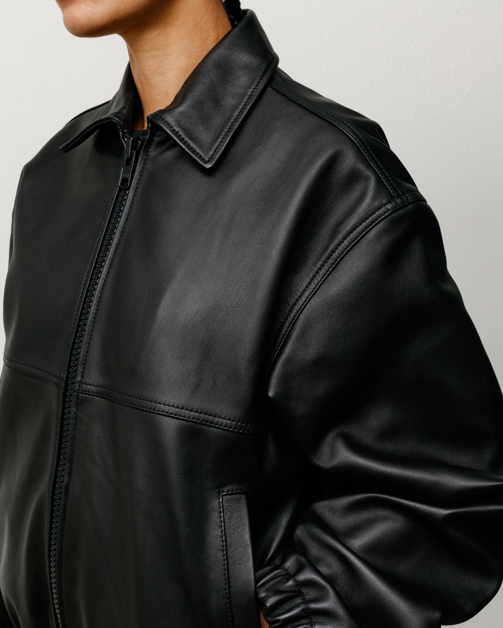 Leather Work Jacket Unisex Long Sleeve In Black With Zip Front And Welt Pockets