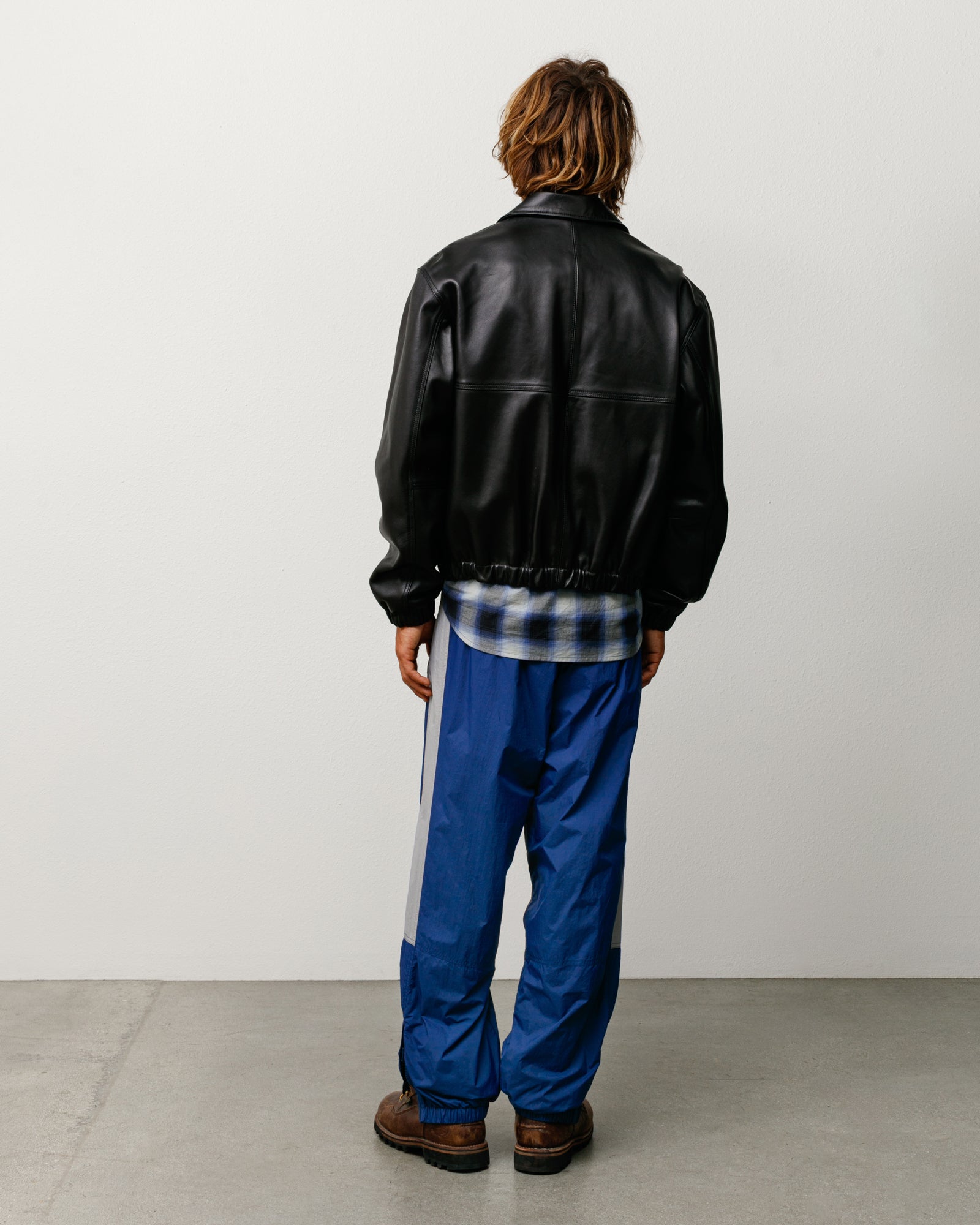 Leather Work Jacket Unisex Long Sleeve In Black, Back View With Elastic Hem And Cuffs