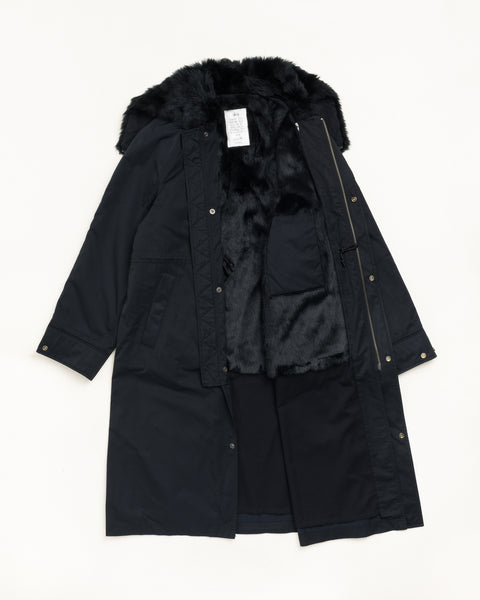 Fur Hood Long Parka Unisex Long Sleeve In Black