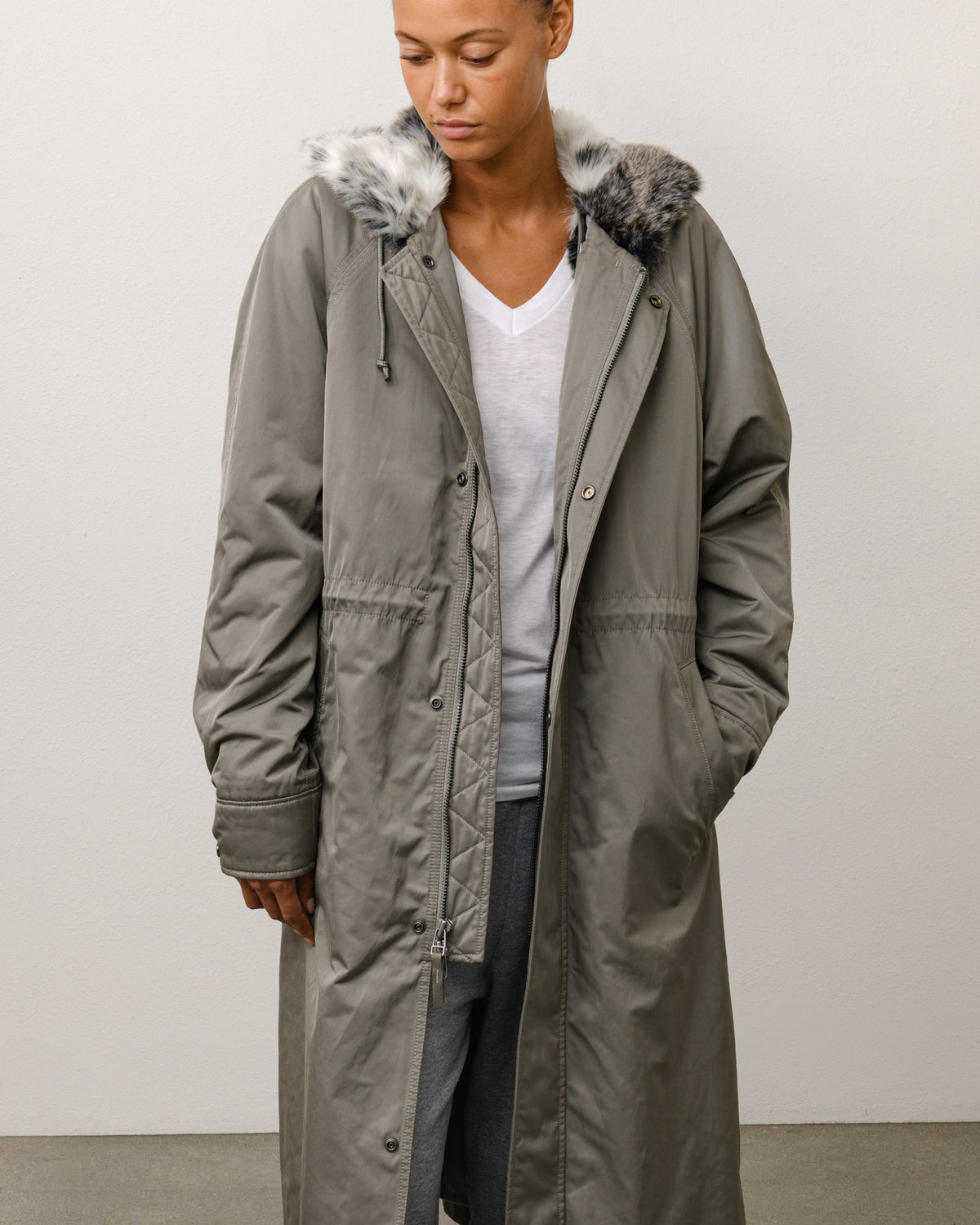 Fur Hood Long Parka Unisex Long Sleeve In Green