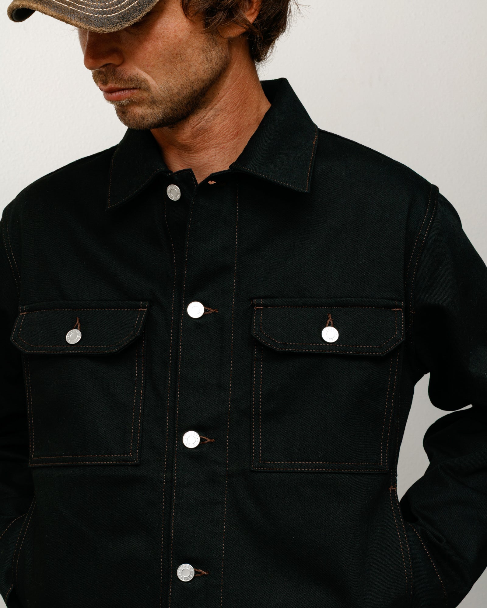 Trucker Denim Unisex Long Sleeve In Raw Black Contrast Stitch