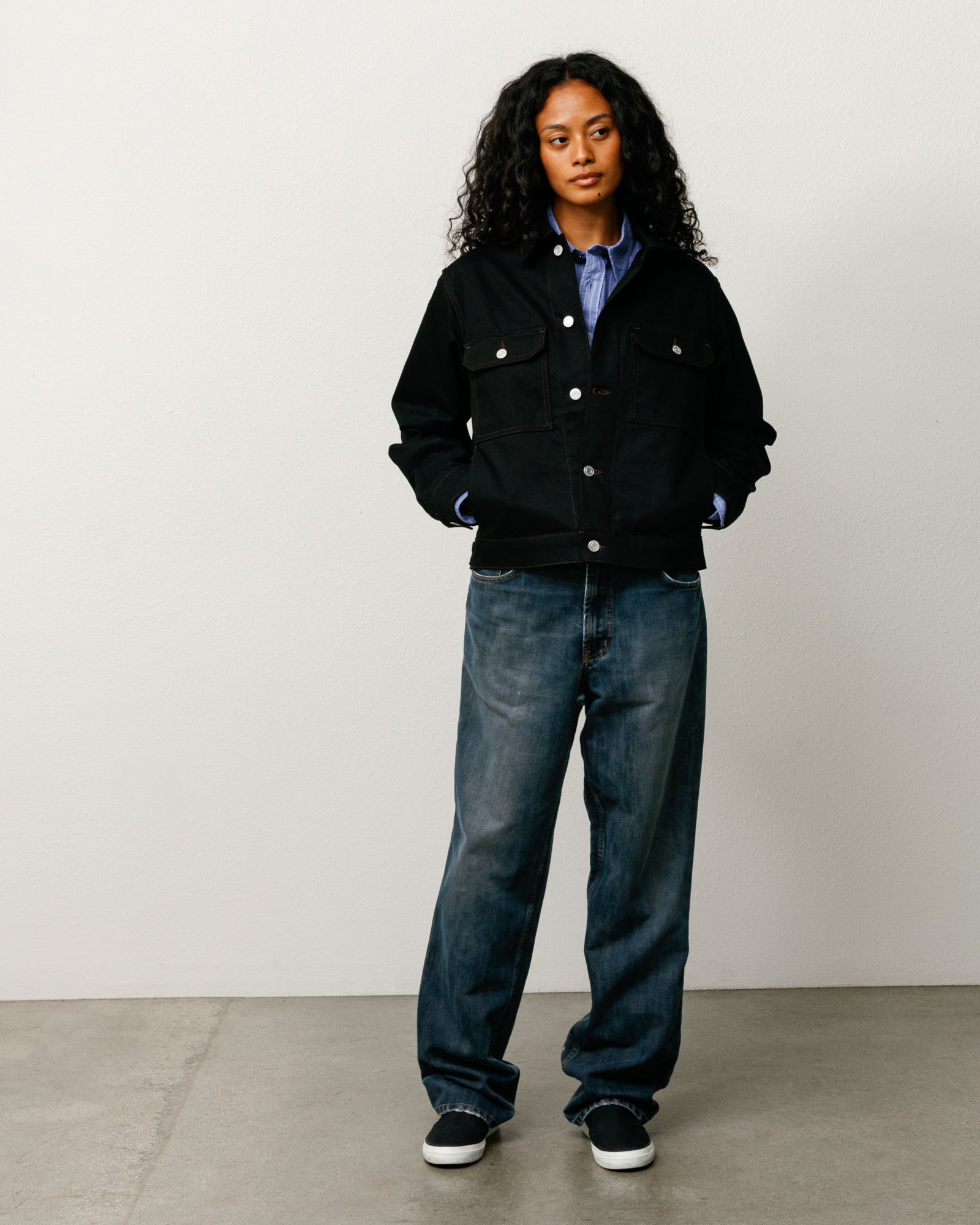 Trucker Denim Unisex Long Sleeve In Raw Black Contrast Stitch