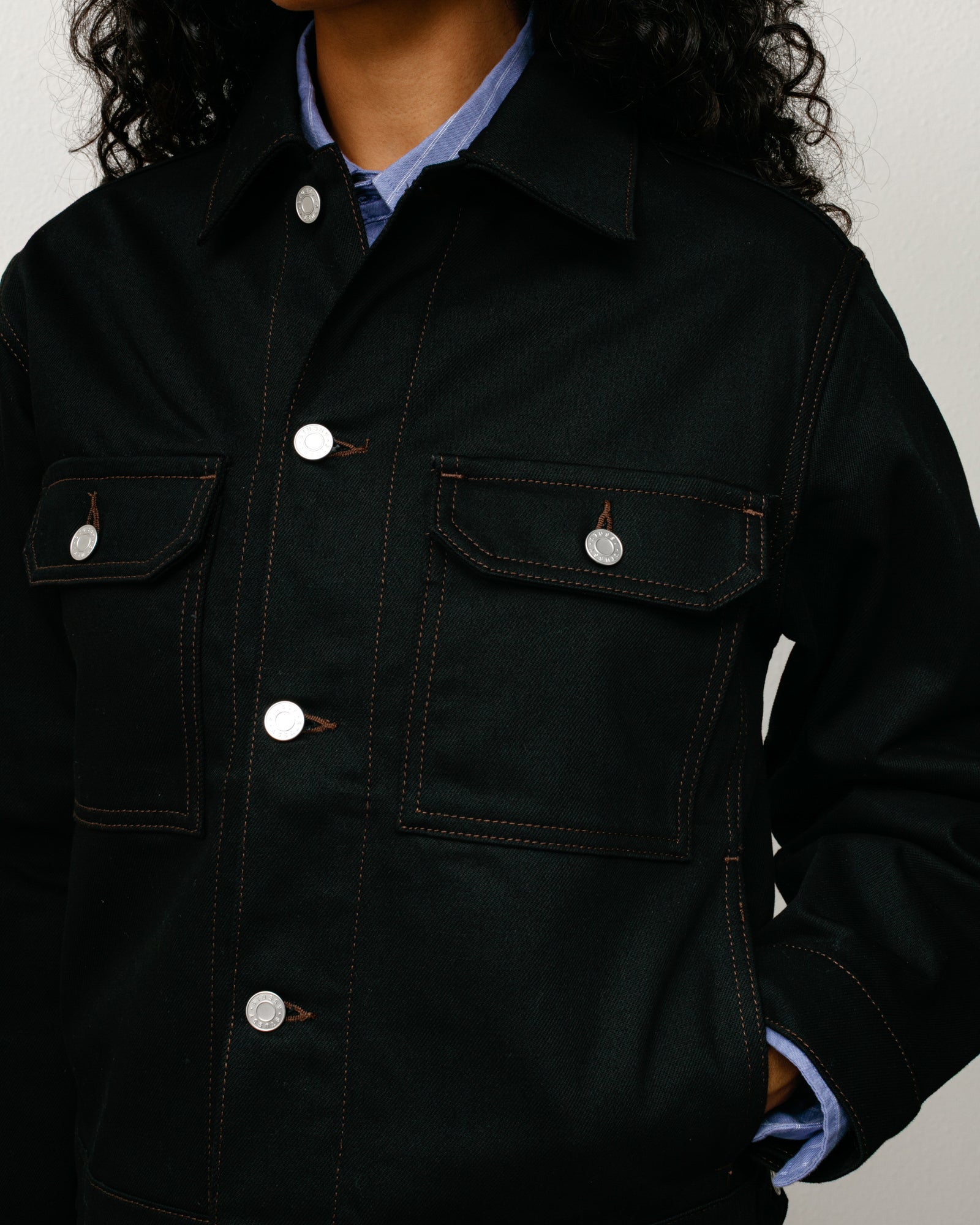 Trucker Denim Unisex Long Sleeve In Raw Black Contrast Stitch