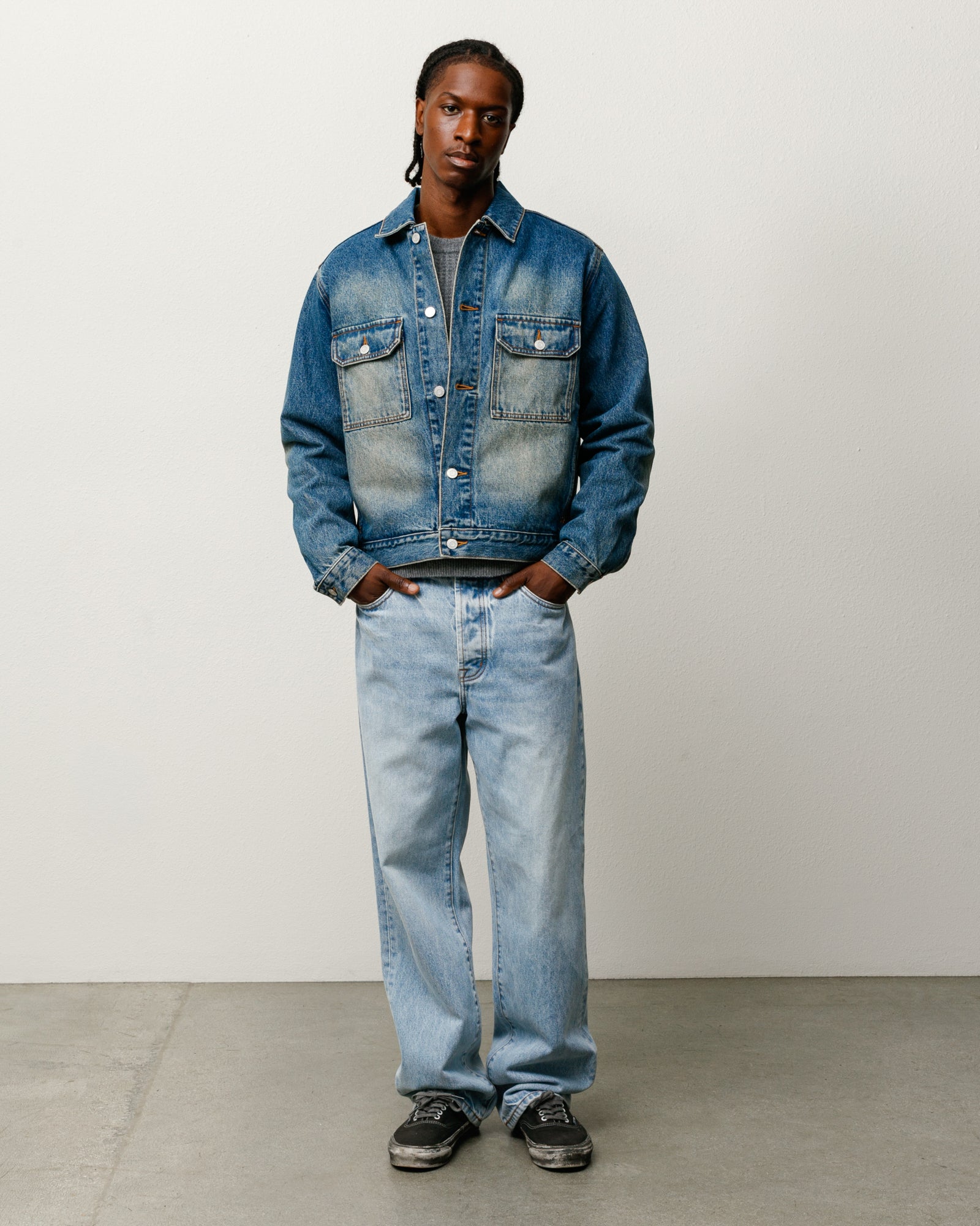 Trucker Denim Unisex Long Sleeve In Dark Wash Indigo