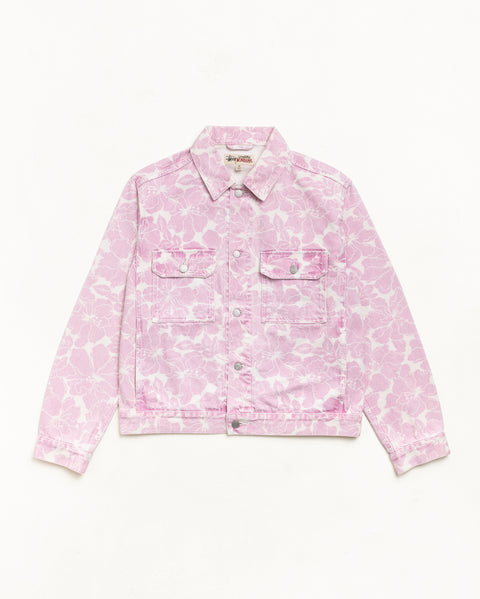 Printed Denim Trucker Unisex Long Sleeve In Pink Hawaiian