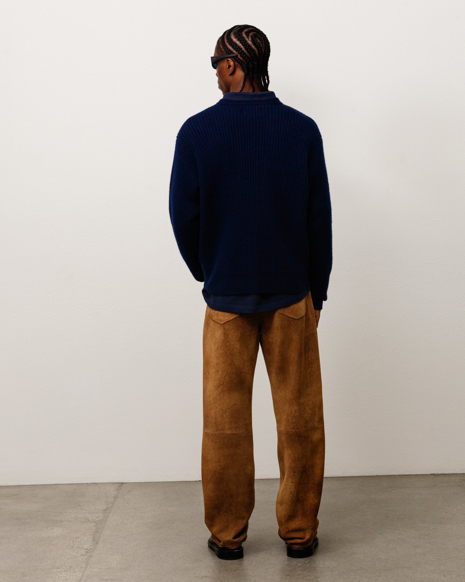 Waffle Cashmere Sweater Unisex Long Sleeve In Deep Navy