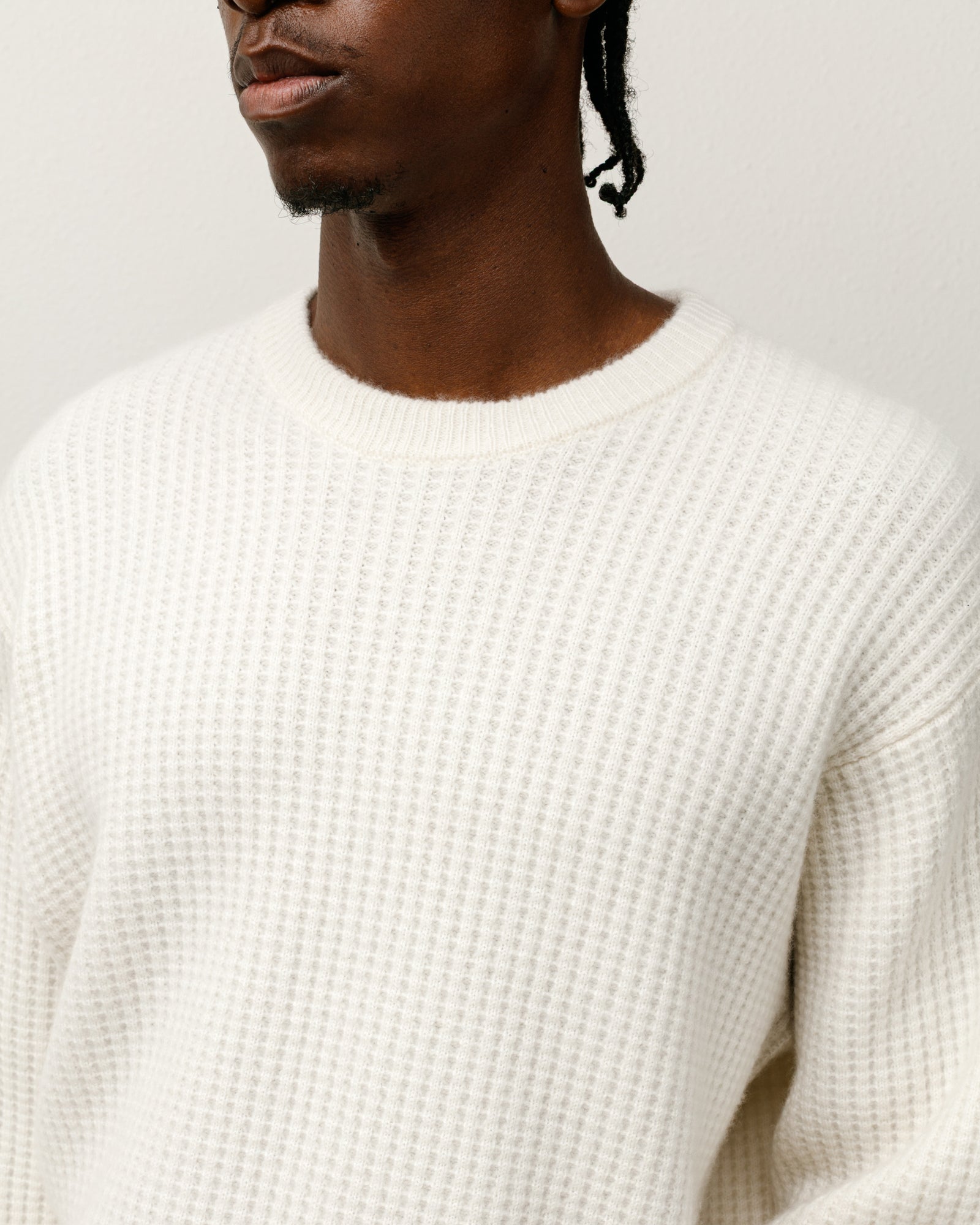 Waffle Cashmere Sweater Mens Long Sleeve In Ivory