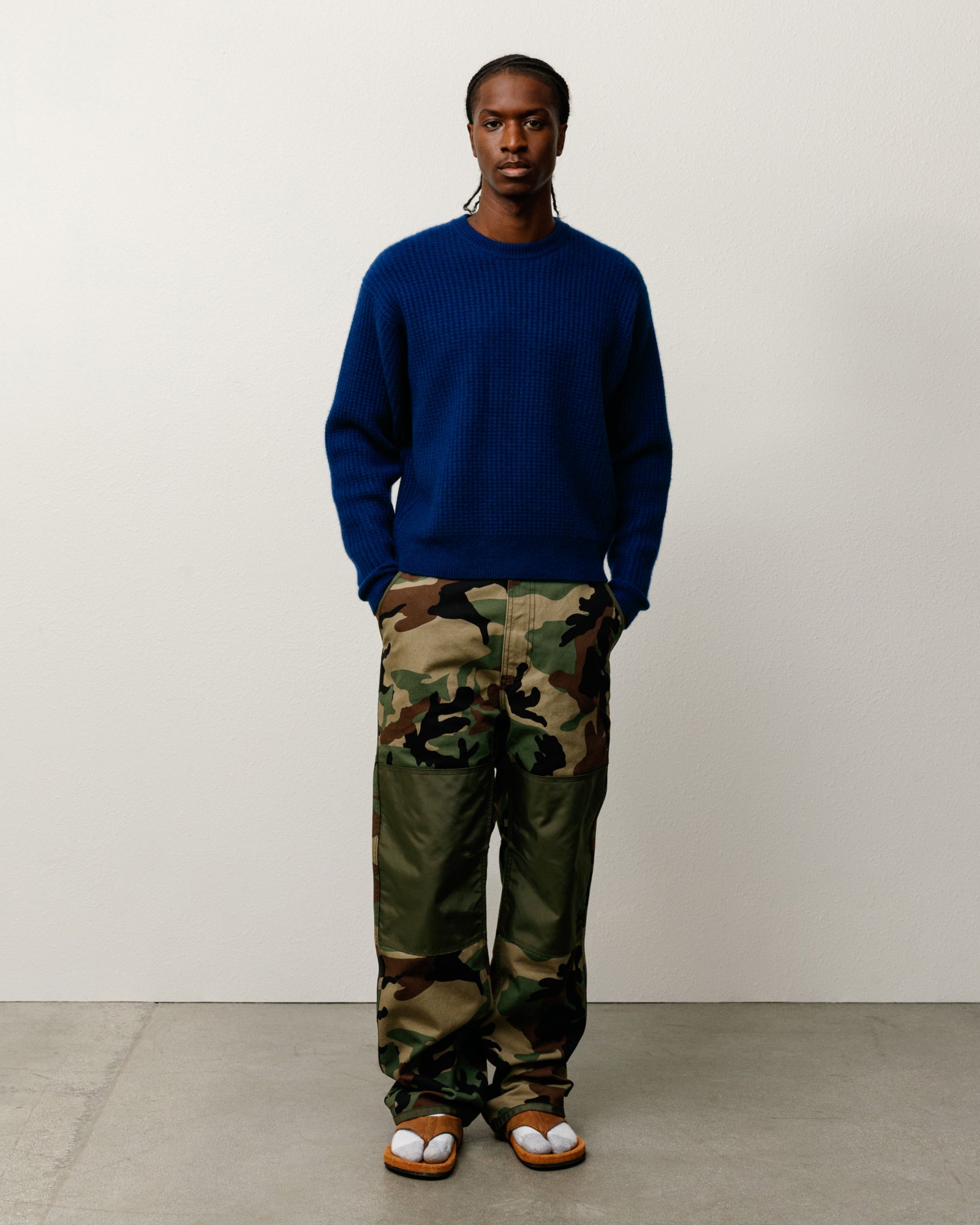 Waffle Cashmere Sweater Mens Long Sleeve In Navy