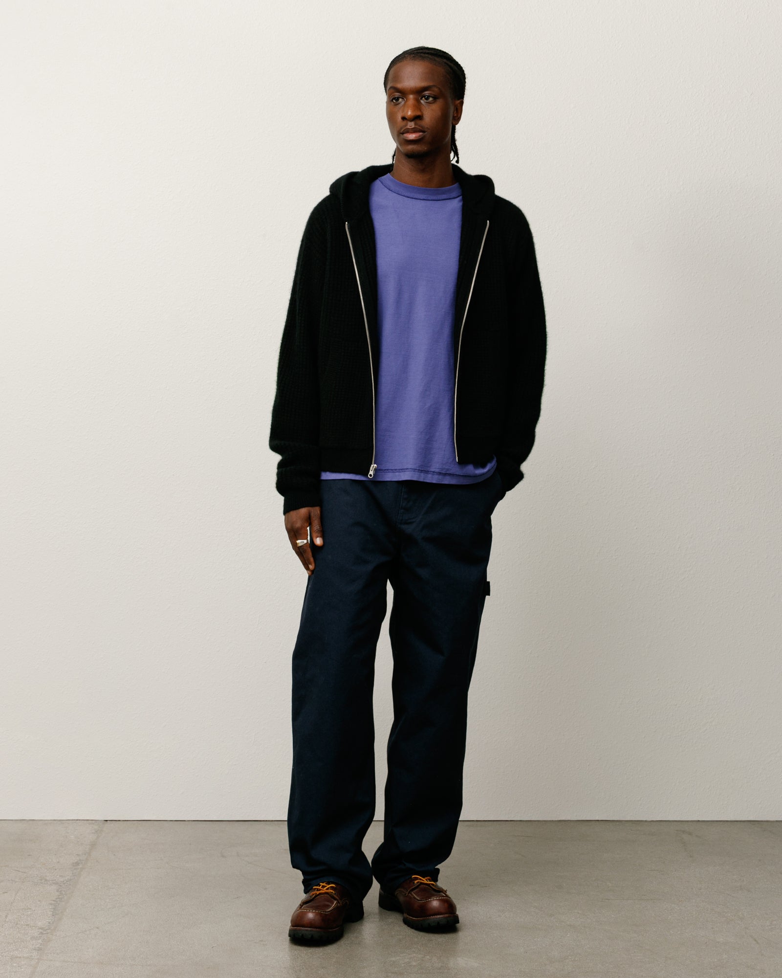 Waffle Cashmere Zip Hood Mens Long Sleeve In Black