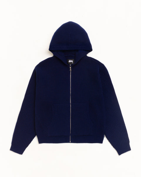 Waffle Cashmere Zip Hood Unisex Long Sleeve In Deep Navy