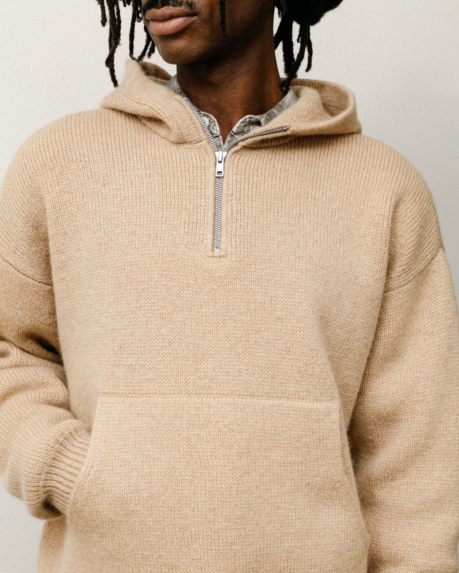 Quarter Zip Sweater Hood Mens Long Sleeve In Tan
