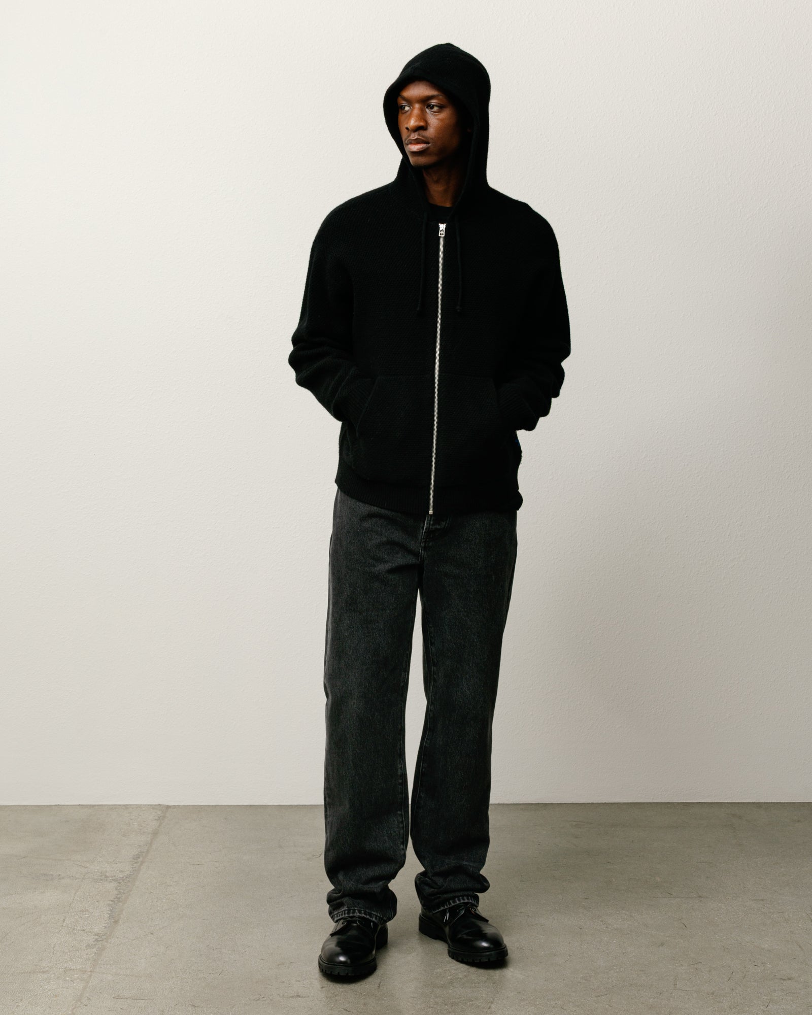 Textured Zip Hooded Sweater Mens Long Sleeve In Black