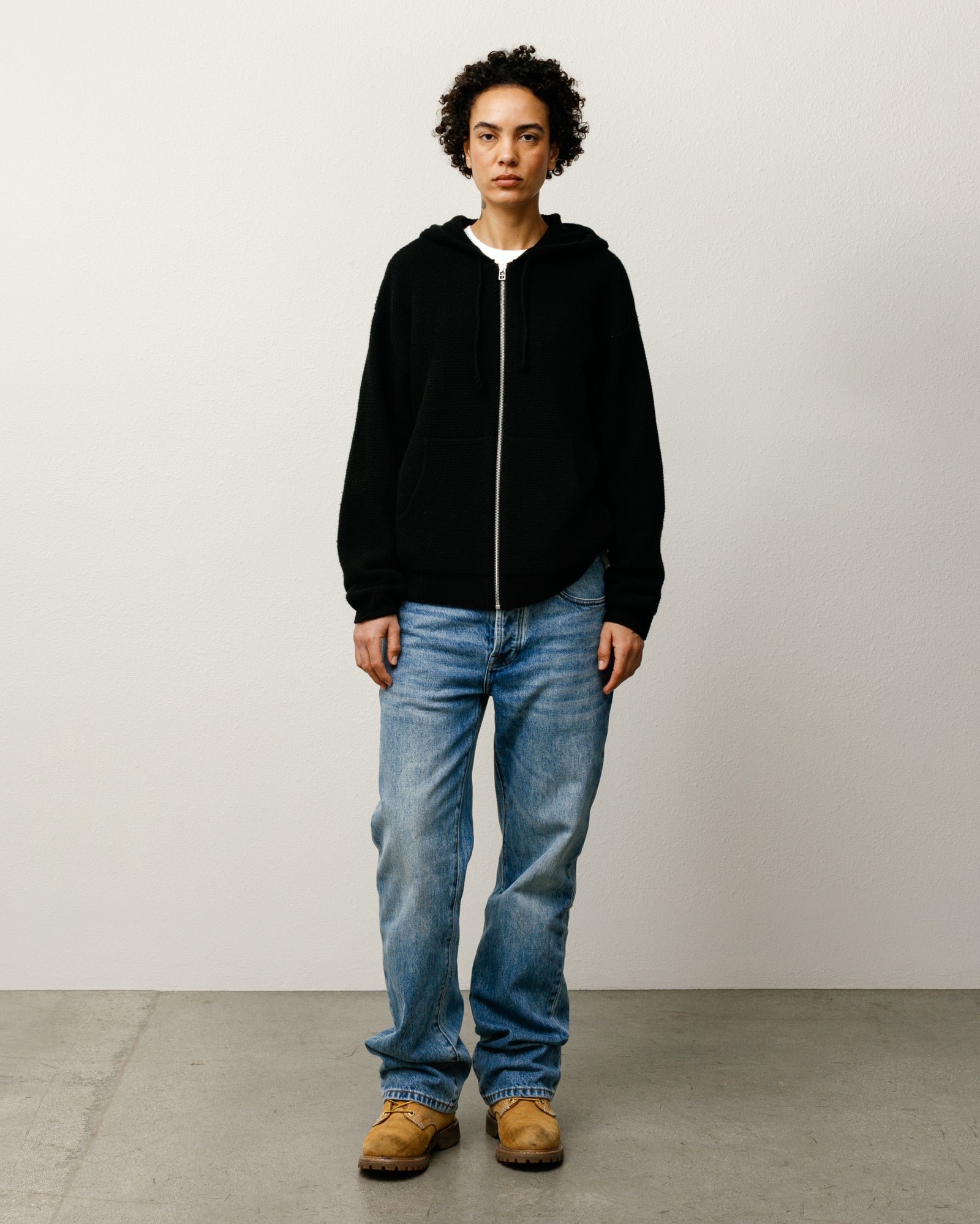 Textured Zip Hooded Sweater Mens Long Sleeve In Black