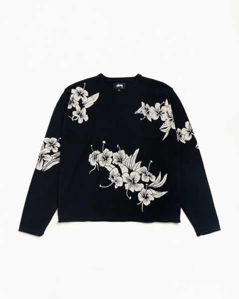 Black long-sleeve knit jumper with white floral pattern, unisex