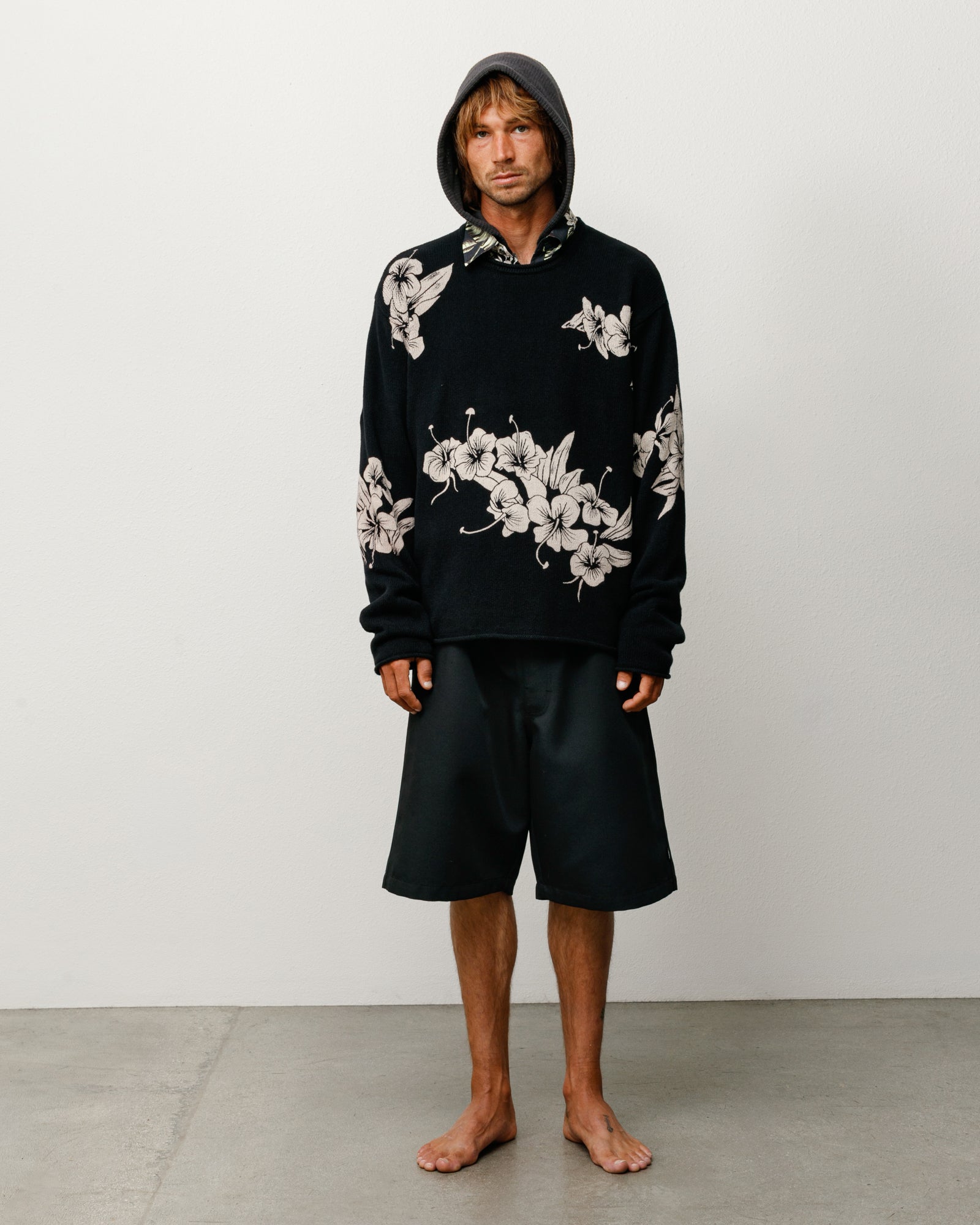 Floral Roll Neck Jumper Unisex Long Sleeve In Black