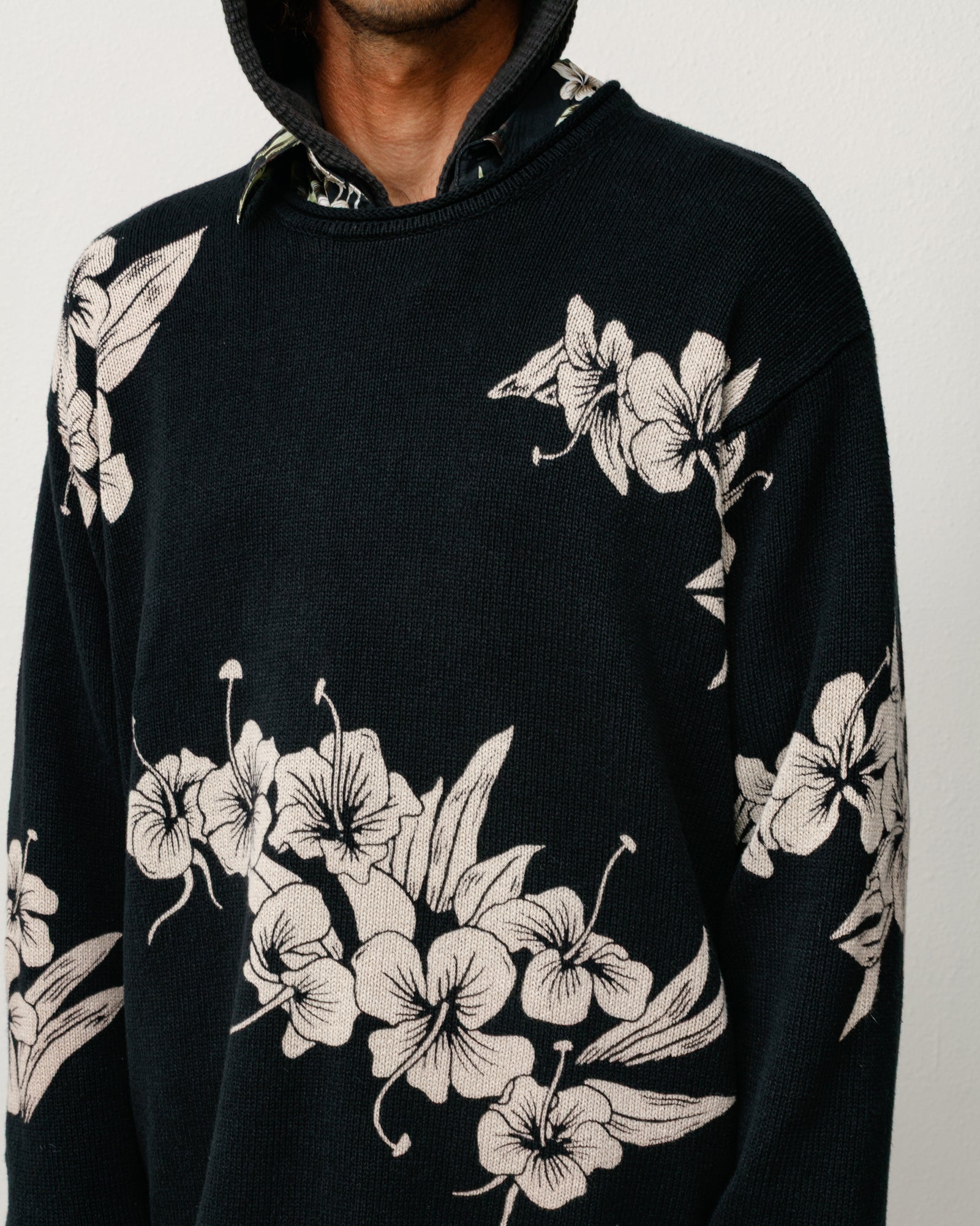 Floral Roll Neck Sweater Unisex Long Sleeve In Black With Floral Pattern