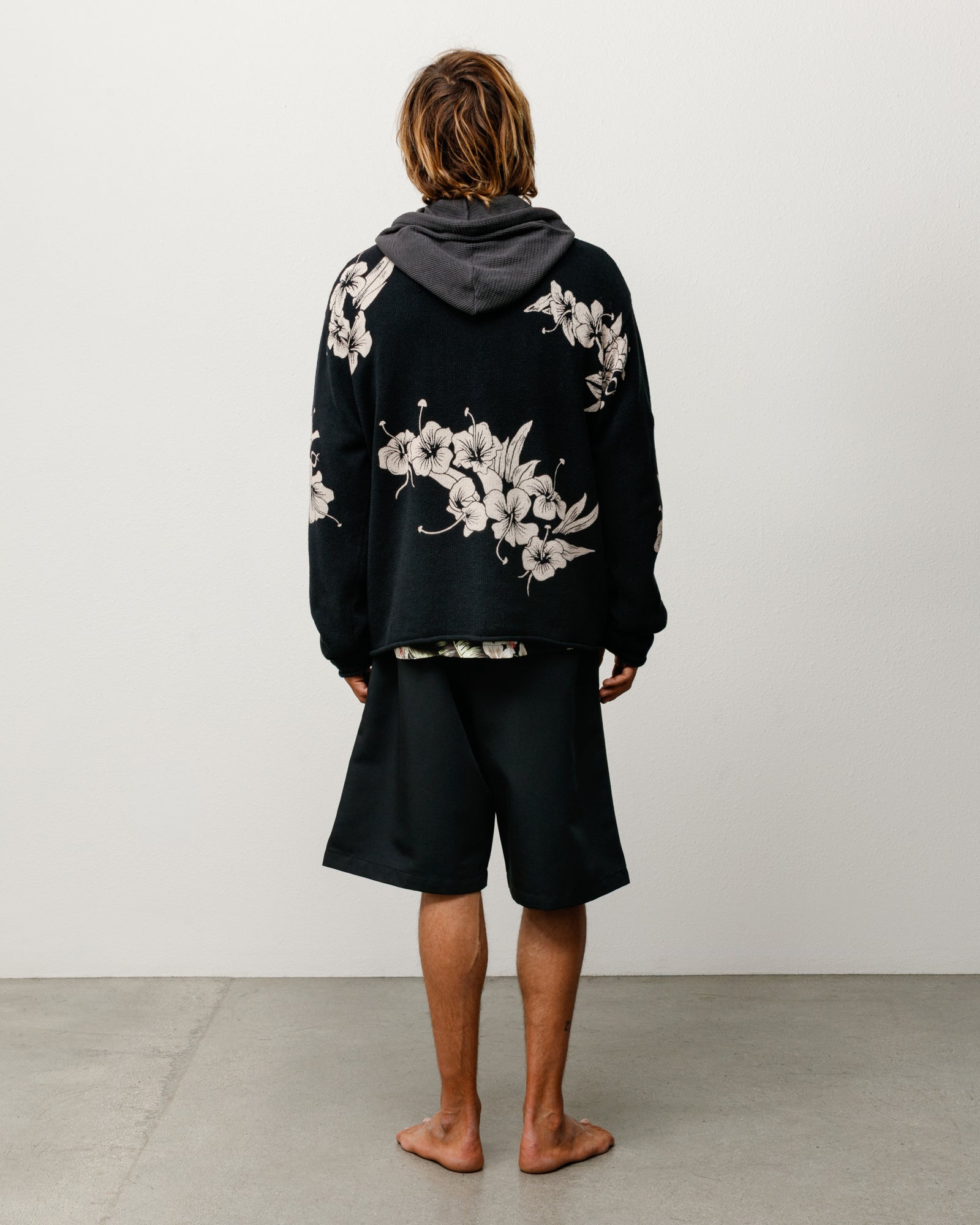 Floral Roll Neck Jumper Unisex Long Sleeve In Black, Back View With All-Over Floral Knit And Relaxed Fit