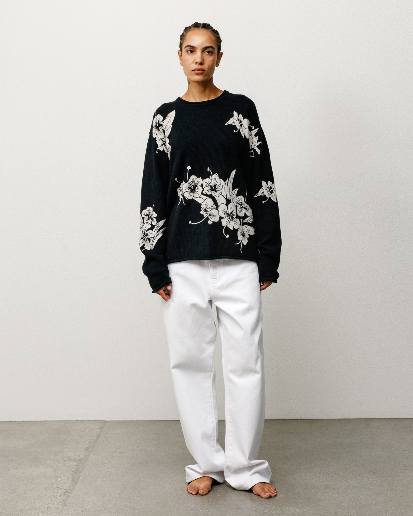 Floral Roll Neck Sweater Unisex Long Sleeve In Black