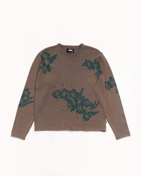 Floral Roll Neck Sweater Unisex Long Sleeve In Brown