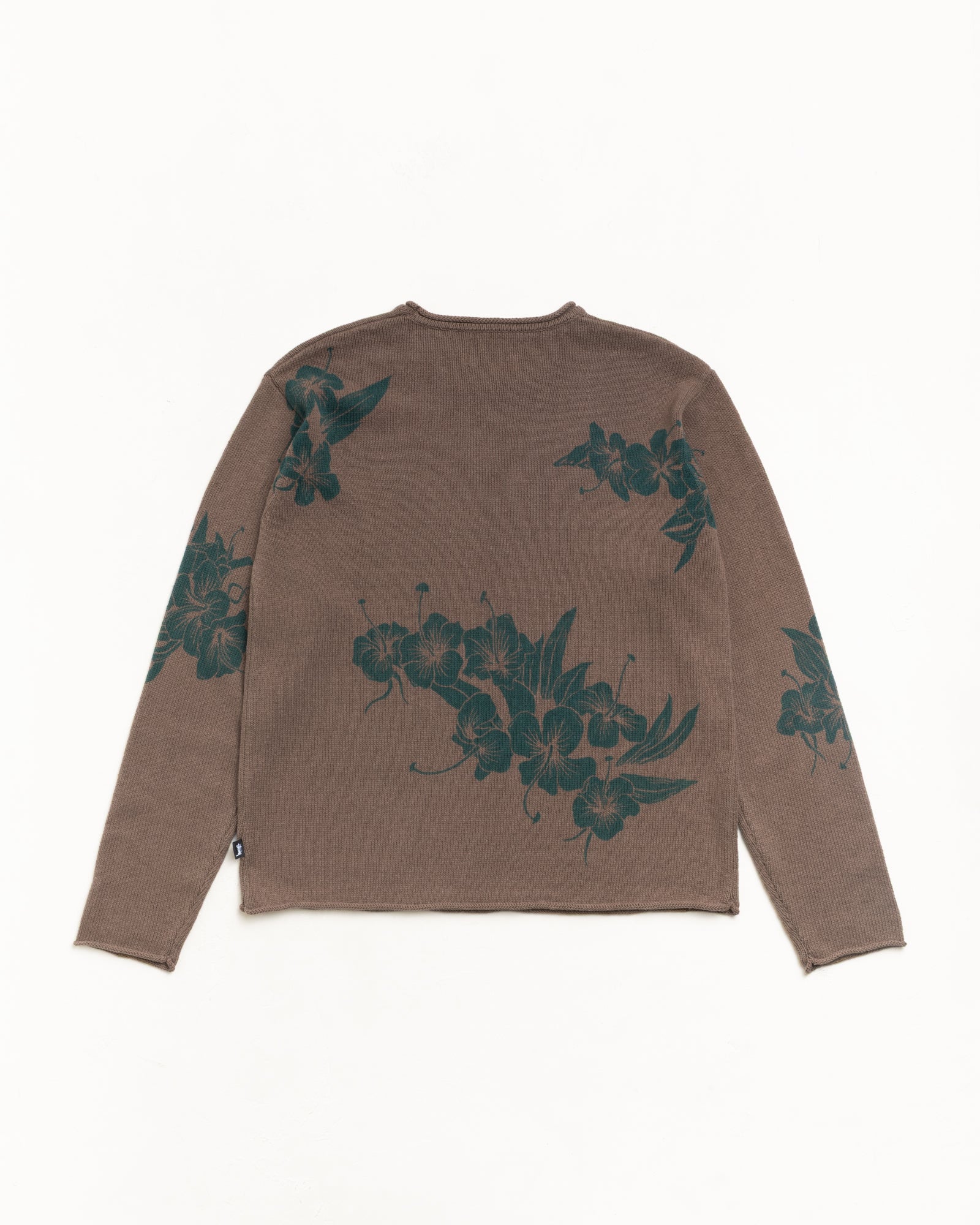 Floral Roll Neck Sweater Long Sleeve In Brown Back Flat Lay With Green Floral Knit