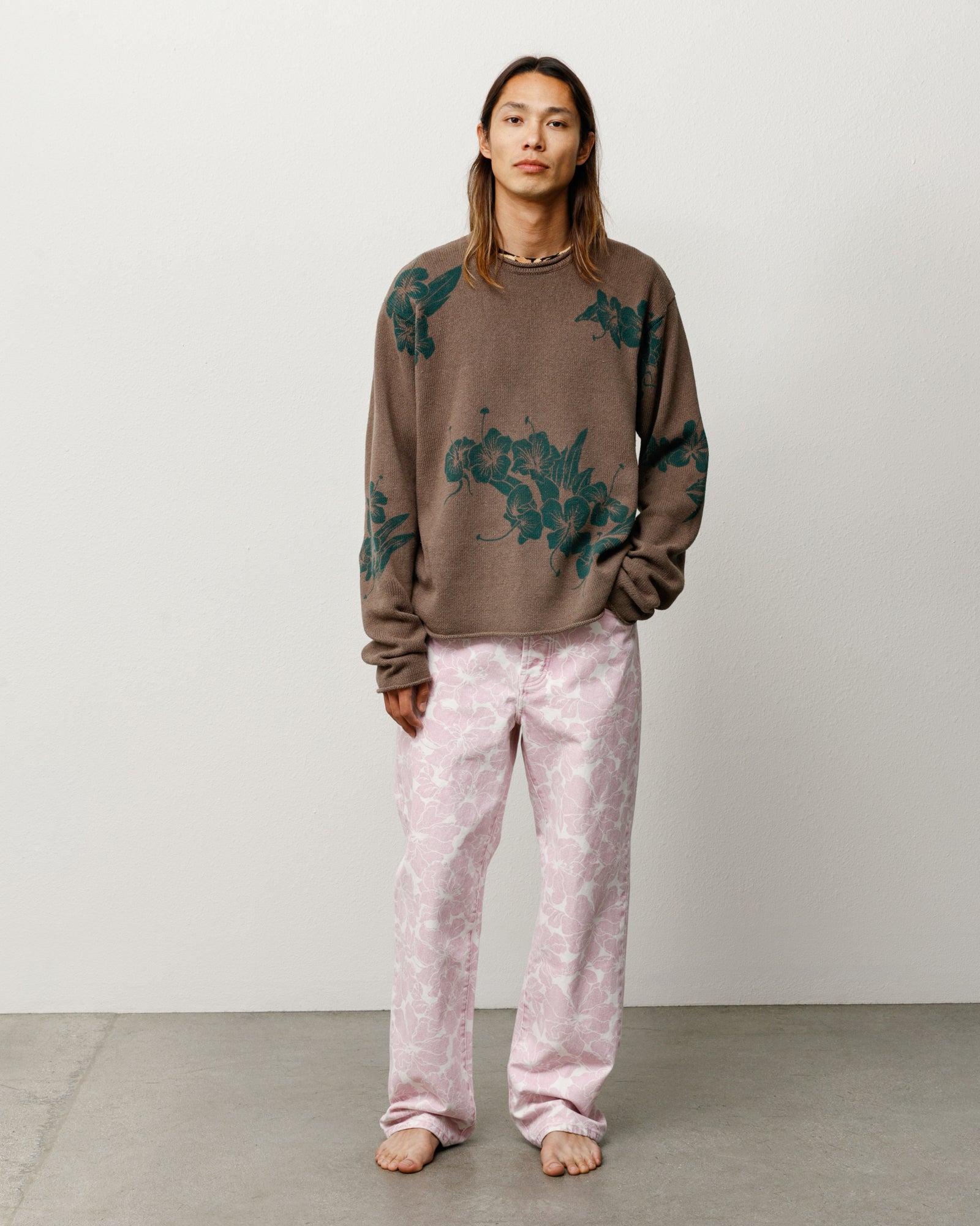 Floral Roll Neck Jumper Unisex Long Sleeve Knit In Brown