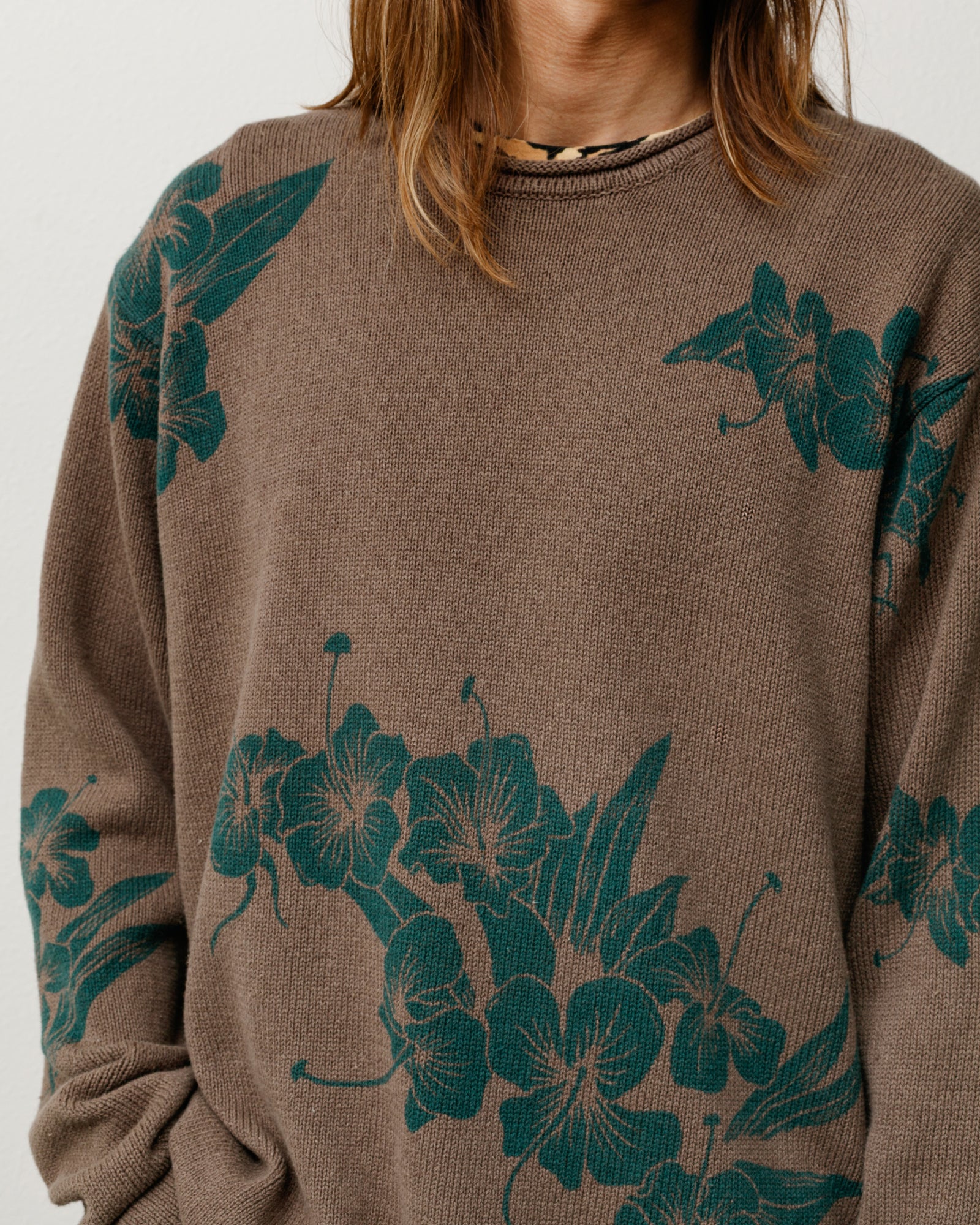 Roll Neck Sweater Unisex Long Sleeve In Brown With Green Floral Knit