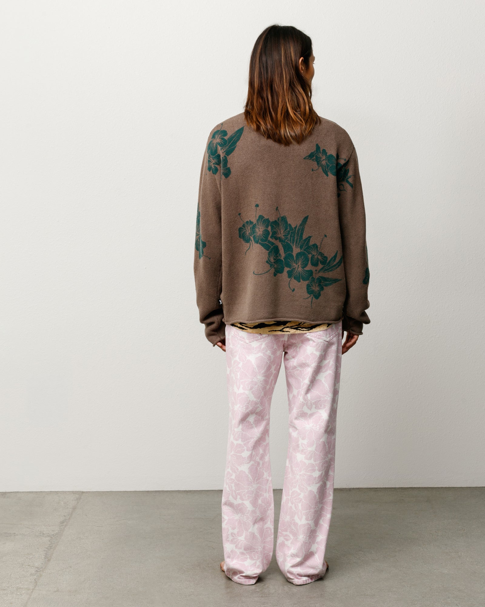 Floral Roll Neck Sweater Unisex Long Sleeve In Brown